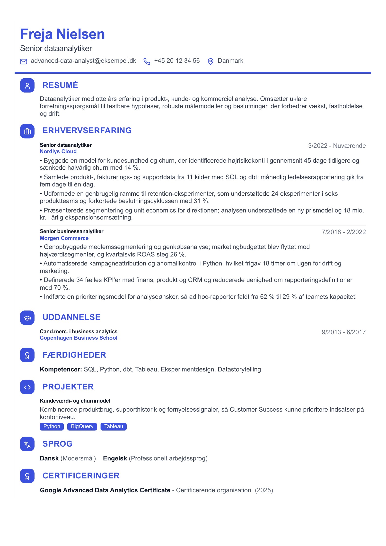 Forhåndsvisning af Danske dataanalytiker-CV'er med PDF-download og skriveguide