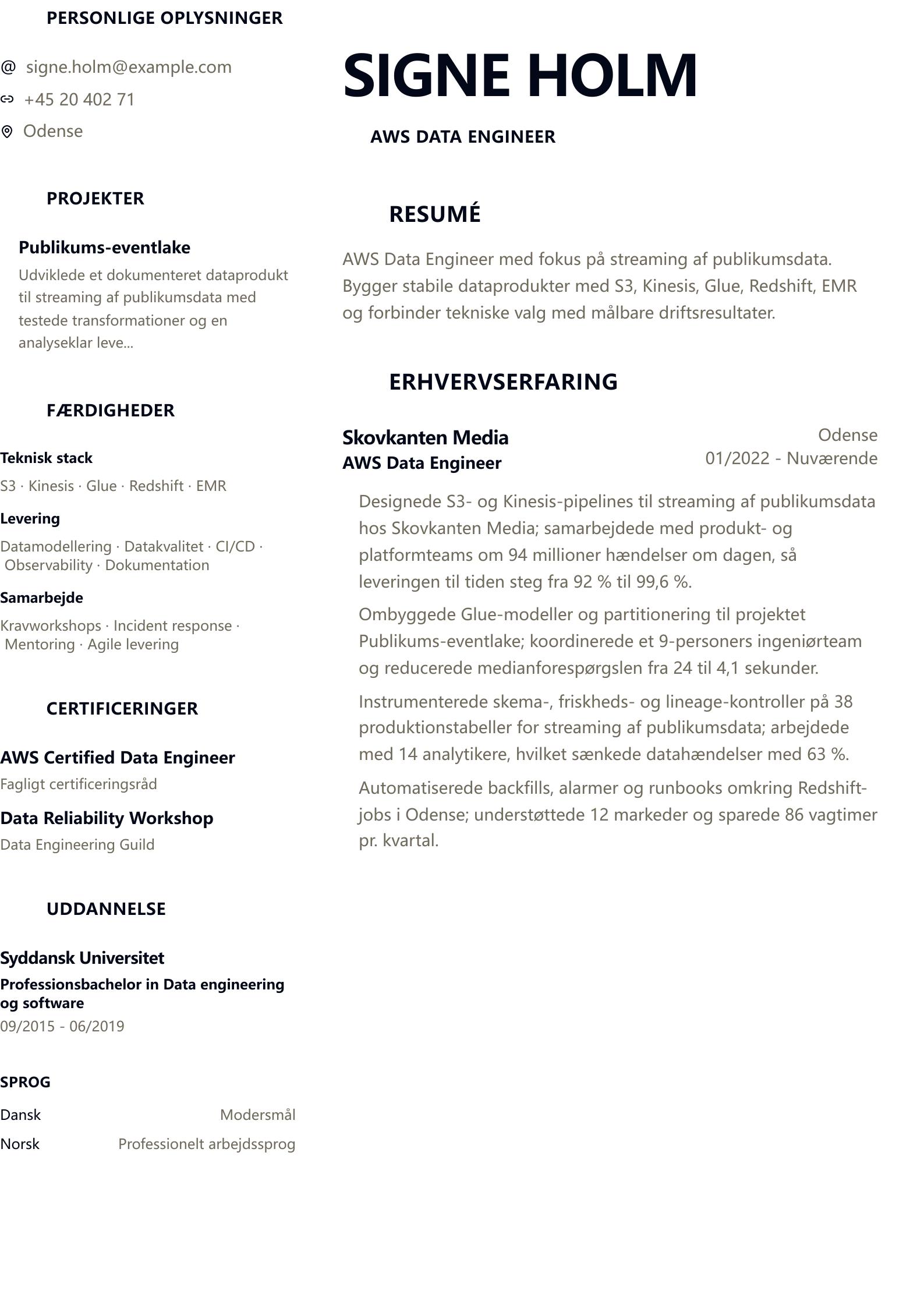 CV-eksempel: AWS Data Engineer forhåndsvisning