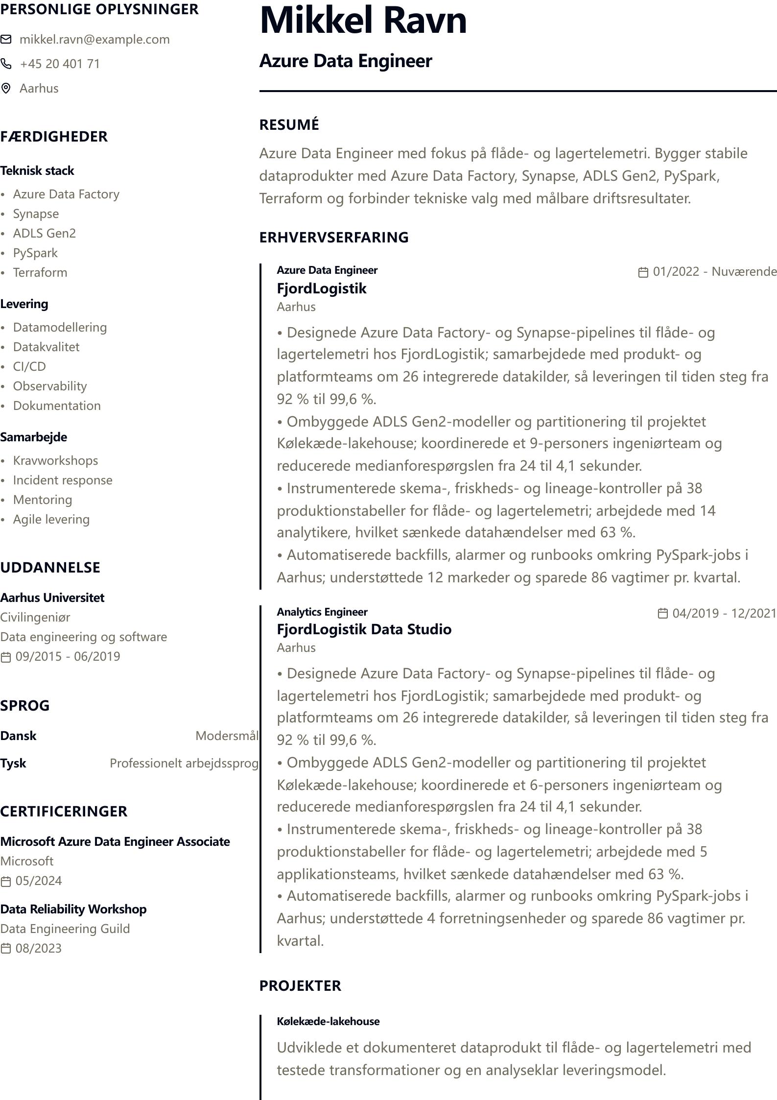 CV-eksempel: Azure Data Engineer forhåndsvisning