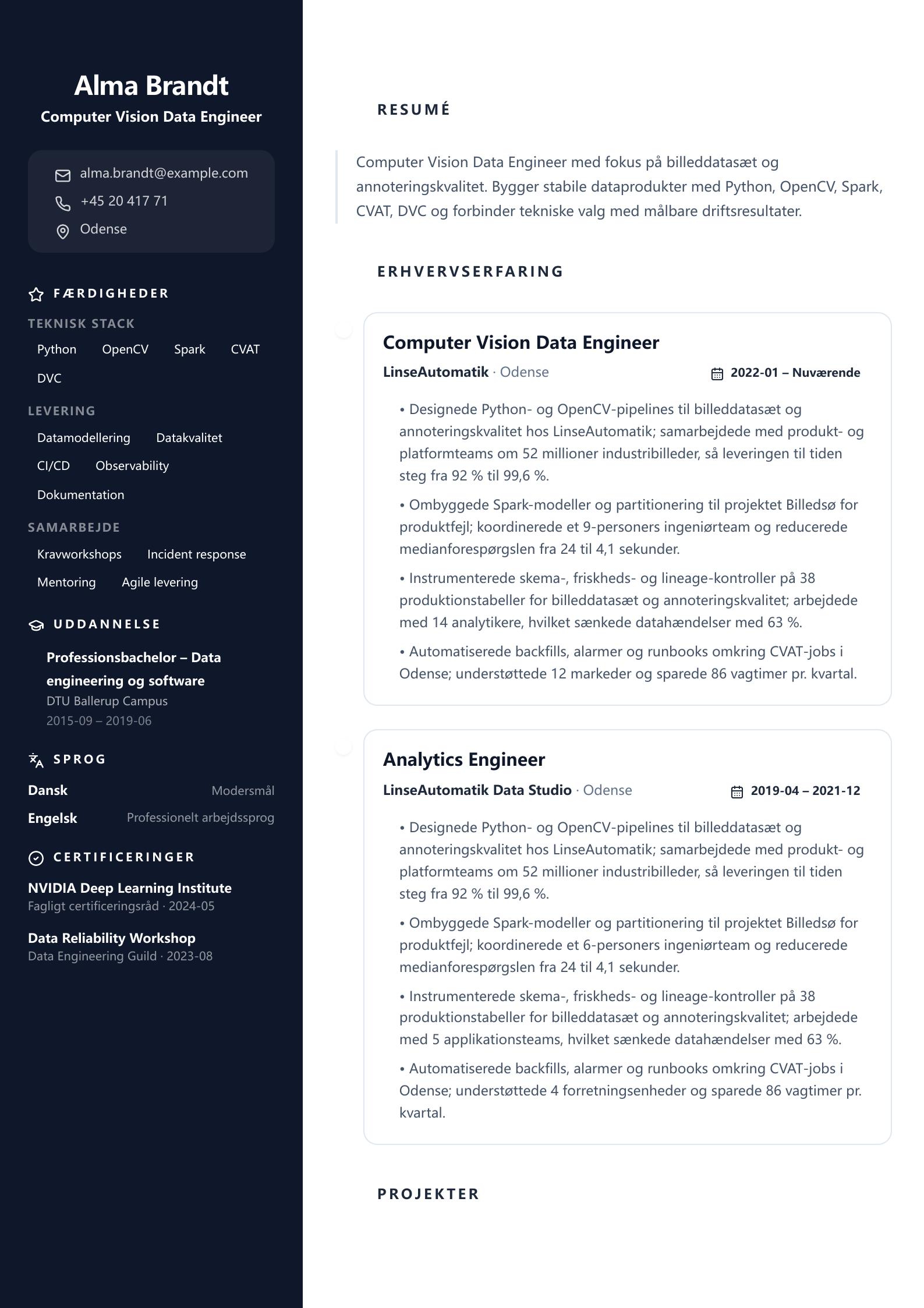 CV-eksempel: Computer Vision Data Engineer forhåndsvisning