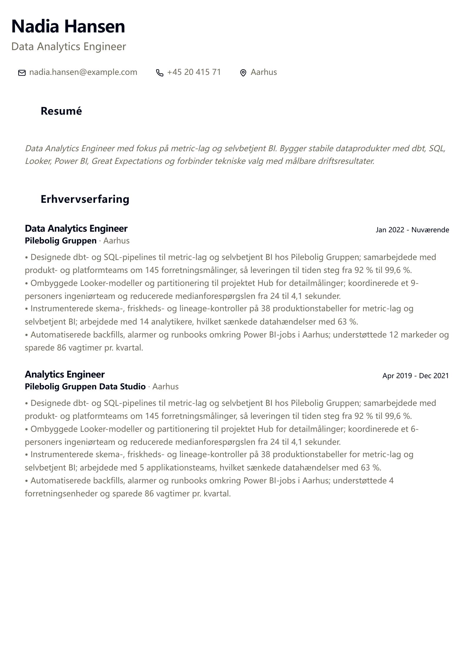 CV-eksempel: Data Analytics Engineer forhåndsvisning