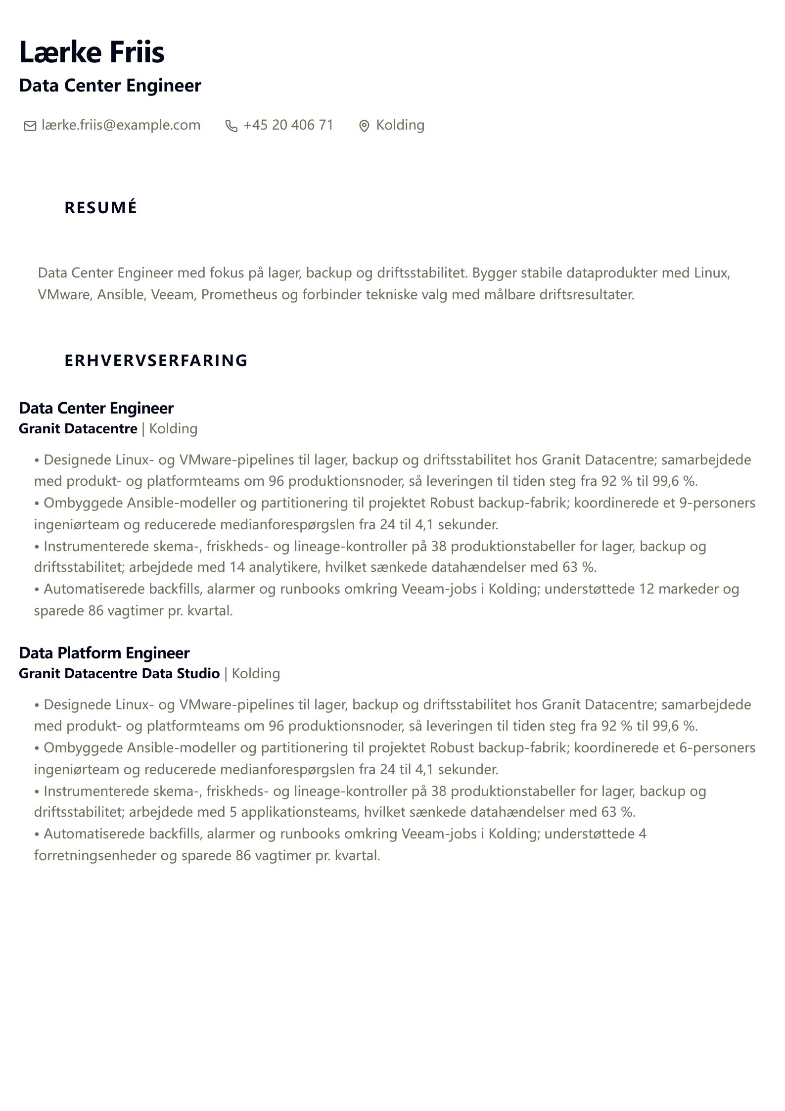 CV-eksempel: Data Center Engineer forhåndsvisning