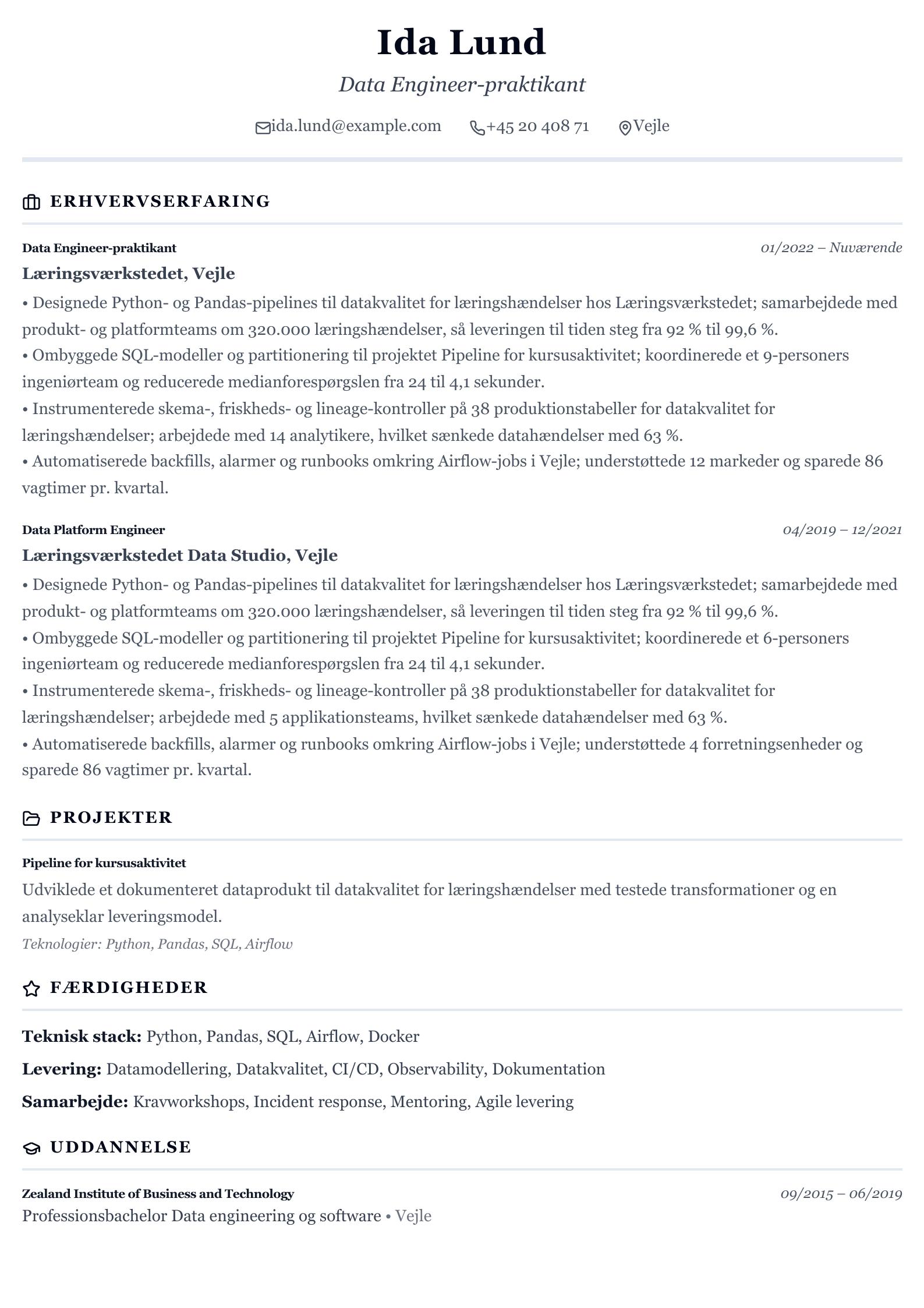 CV-eksempel: Data Engineer-praktikant forhåndsvisning