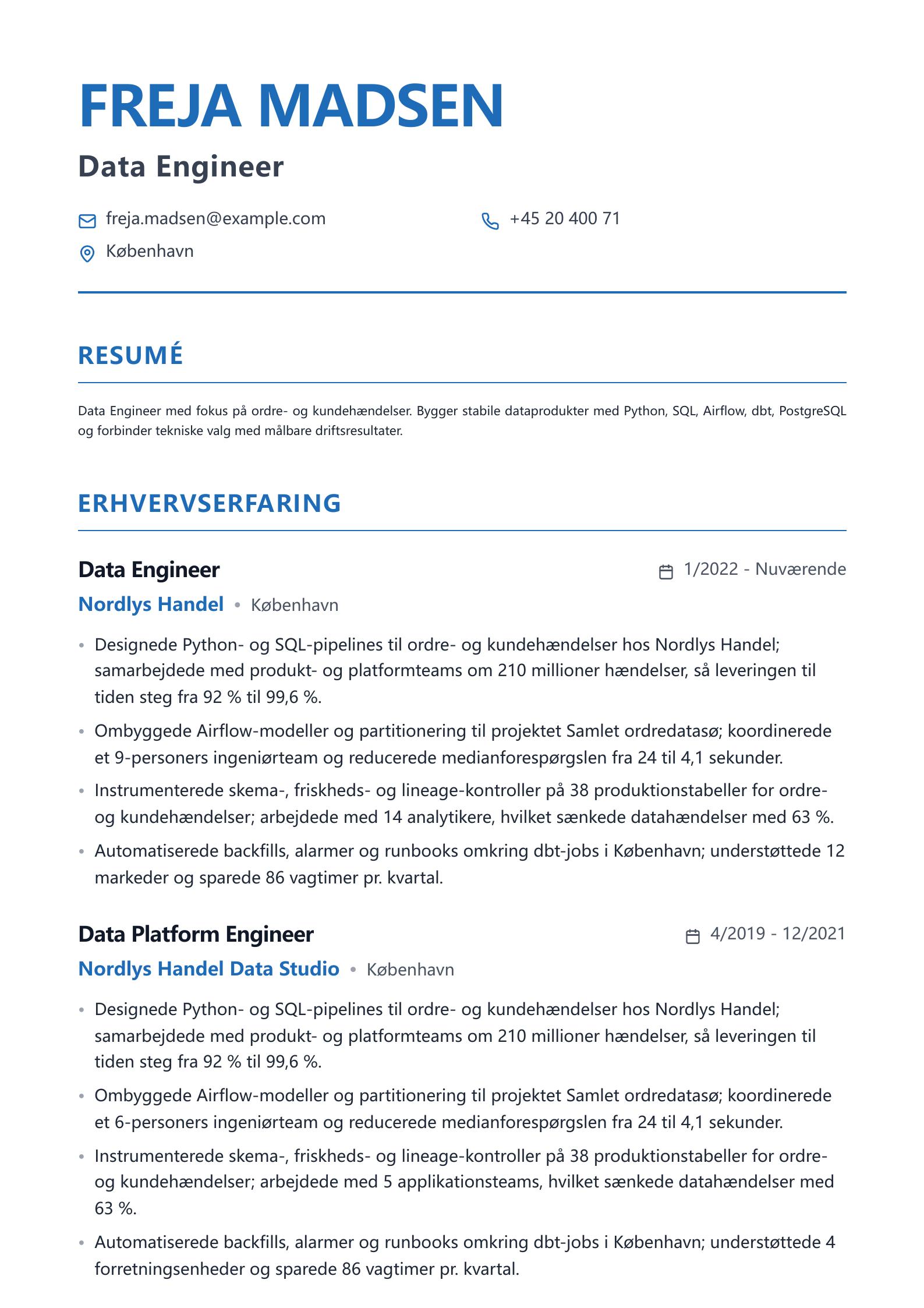 CV-eksempel: Data Engineer forhåndsvisning