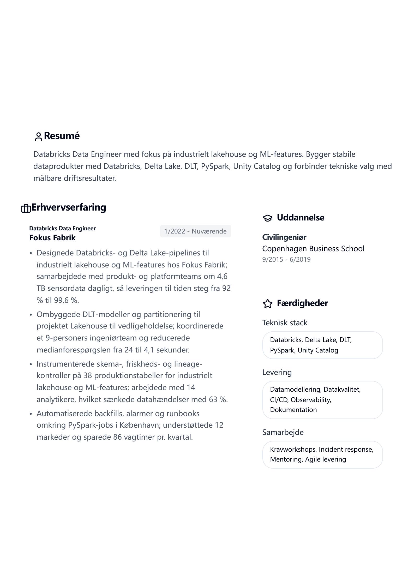 CV-eksempel: Databricks Data Engineer forhåndsvisning