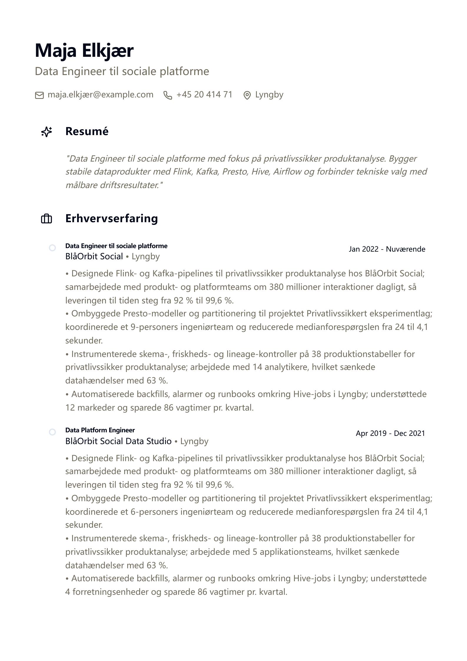 CV-eksempel: Facebook Data Engineer forhåndsvisning