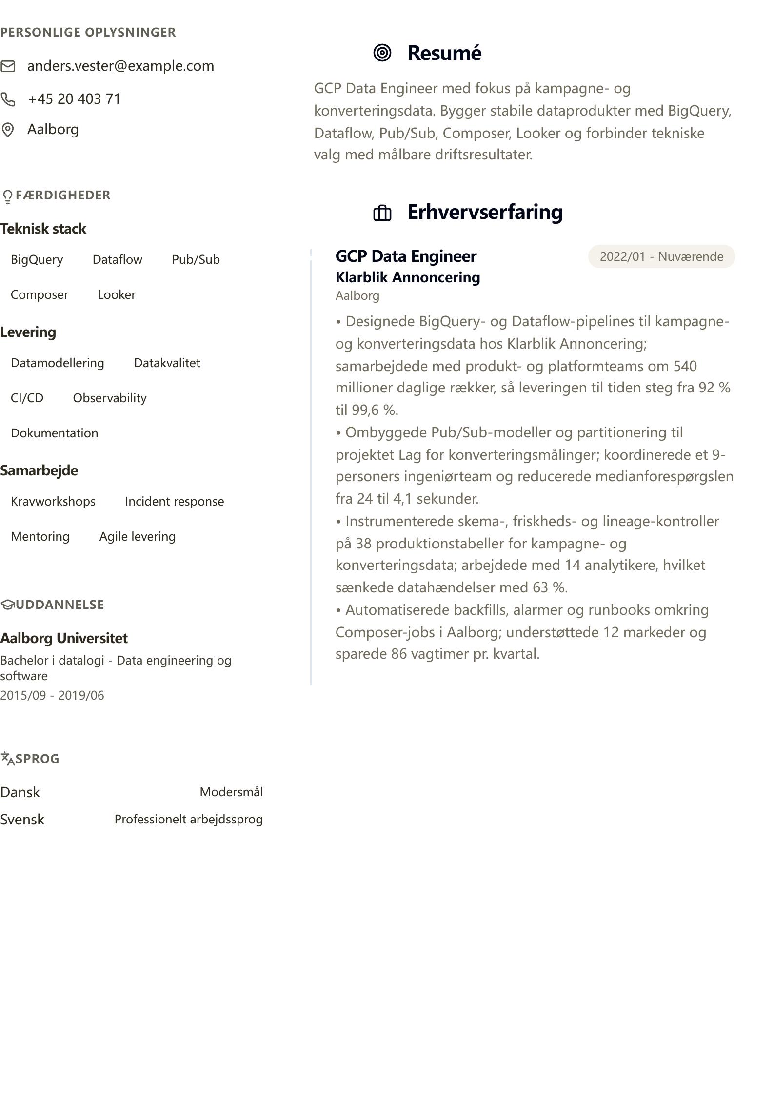 CV-eksempel: GCP Data Engineer forhåndsvisning