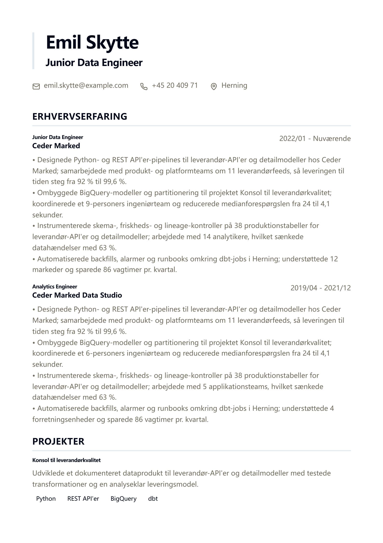 CV-eksempel: Junior Data Engineer forhåndsvisning