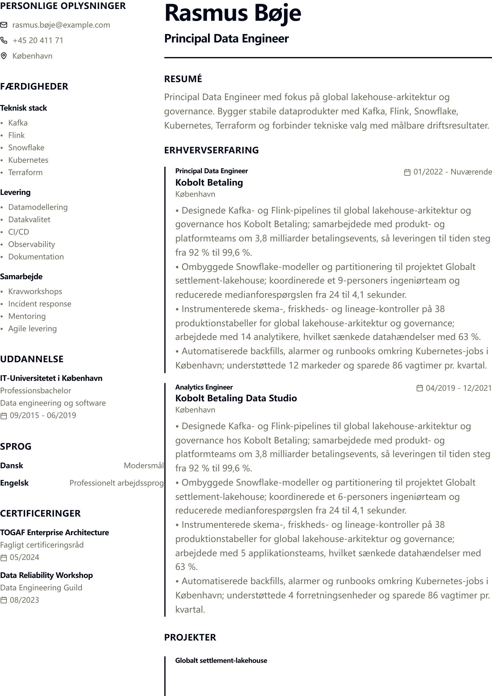 CV-eksempel: Principal Data Engineer forhåndsvisning