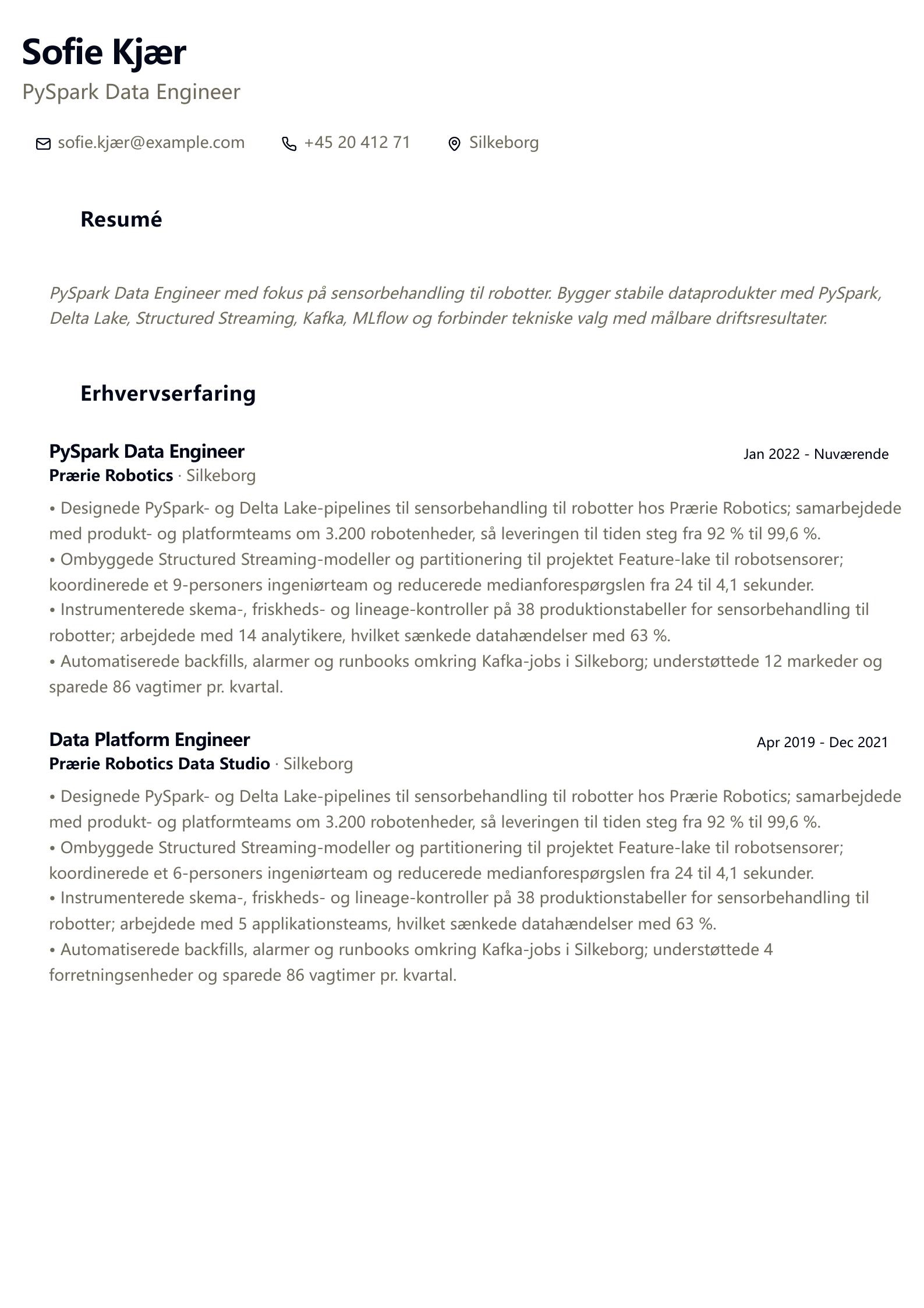 CV-eksempel: PySpark Data Engineer forhåndsvisning
