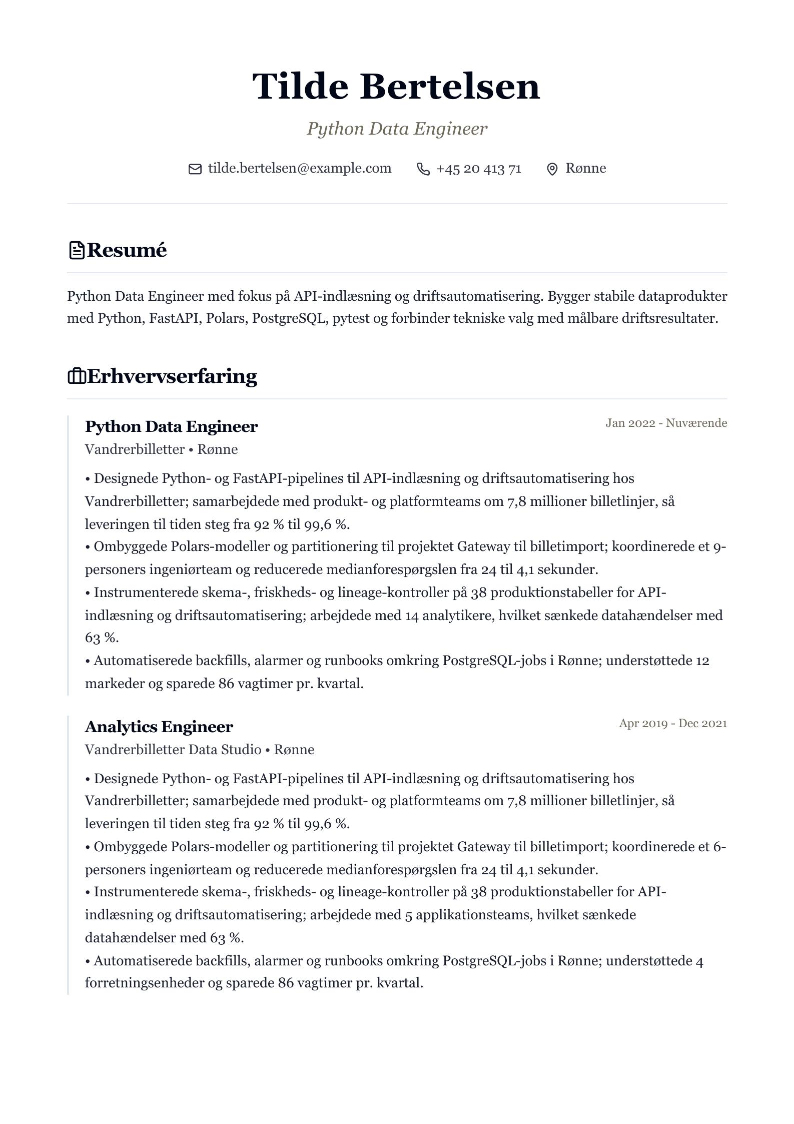 CV-eksempel: Python Data Engineer forhåndsvisning