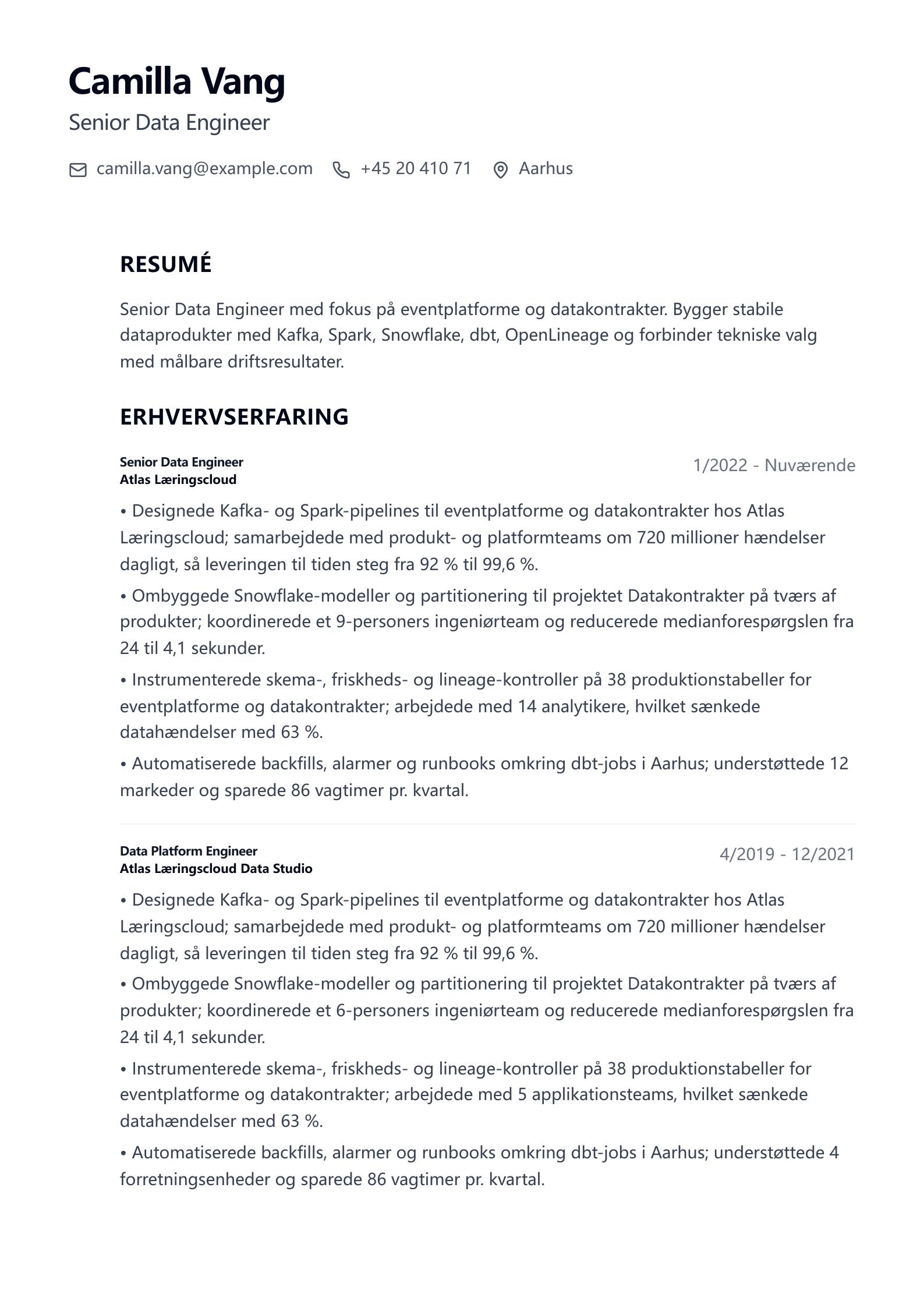 CV-eksempel: Senior Data Engineer forhåndsvisning