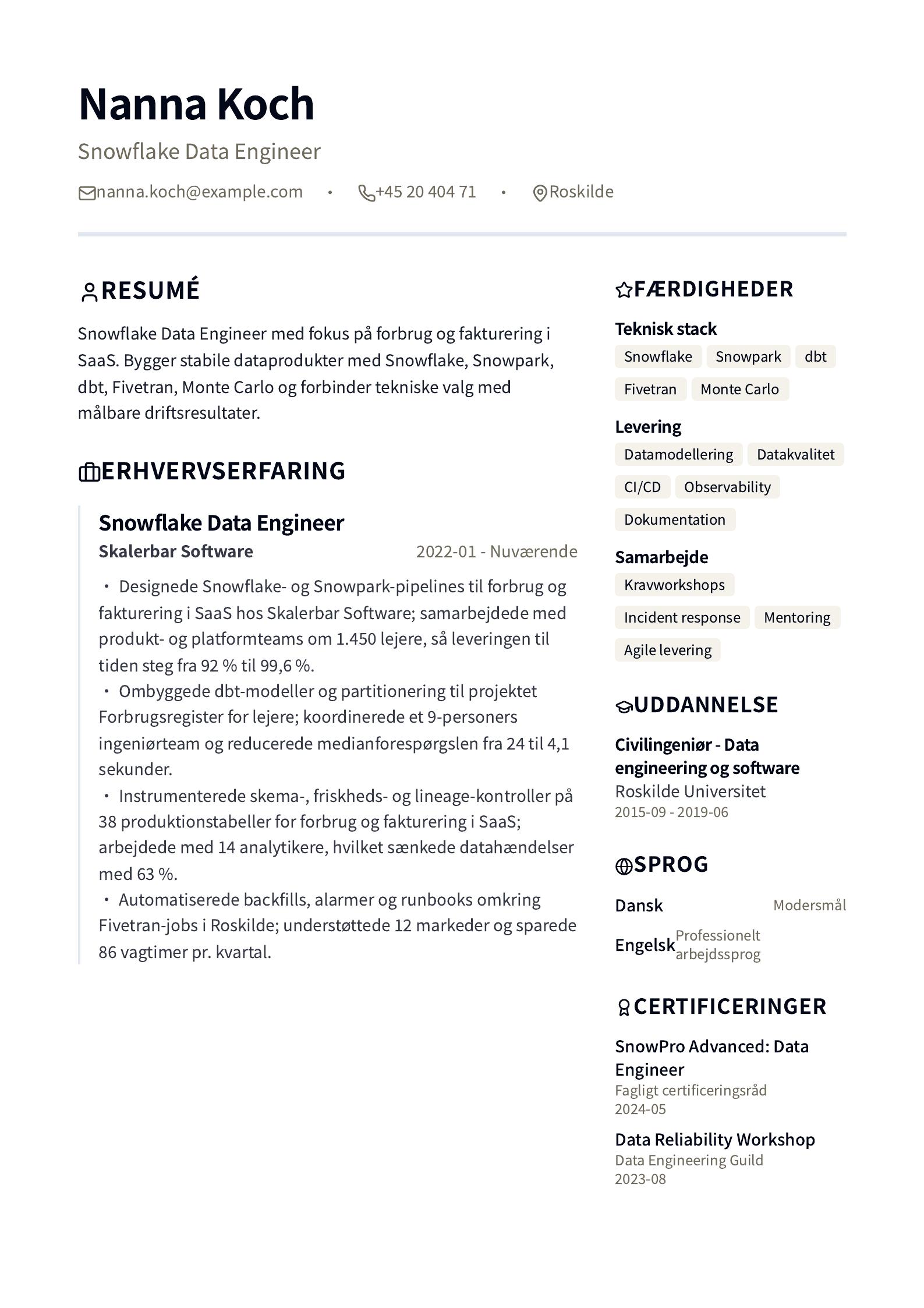 CV-eksempel: Snowflake Data Engineer forhåndsvisning