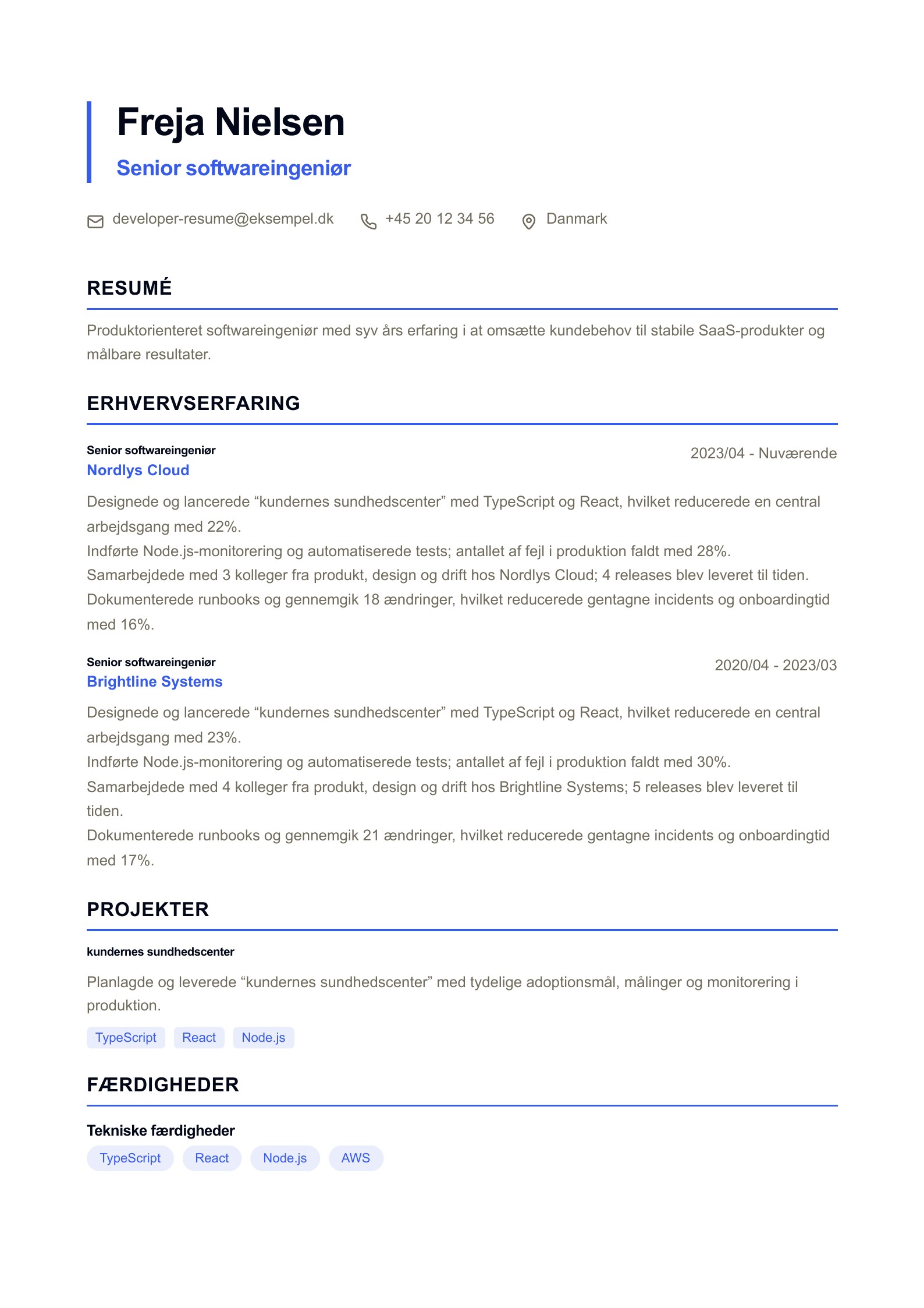 Forhåndsvisning af CV’er til softwareingeniører med PDF og online redigering