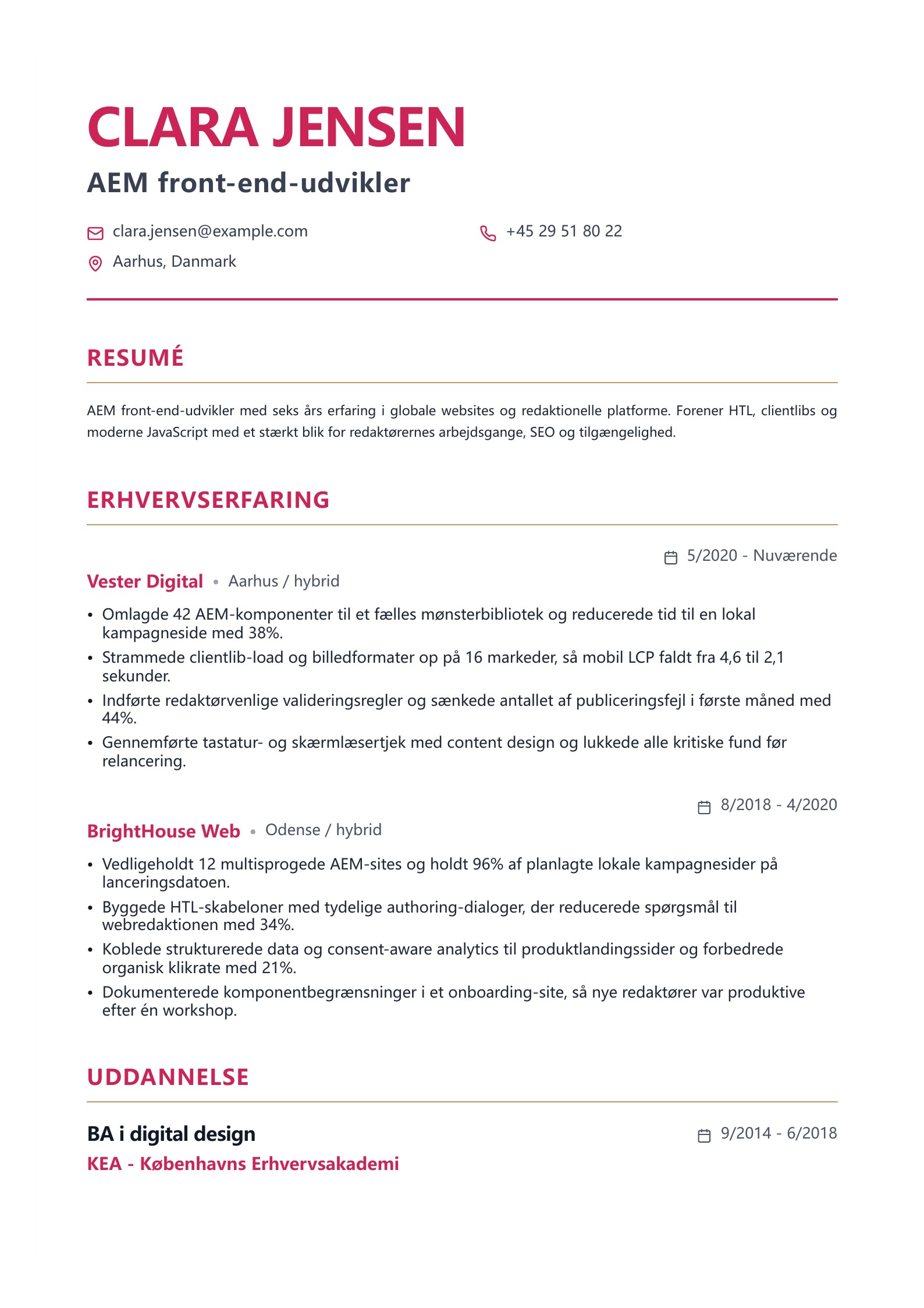 Forhåndsvisning af Front-end-udvikler CV-eksempler med gratis PDF-download