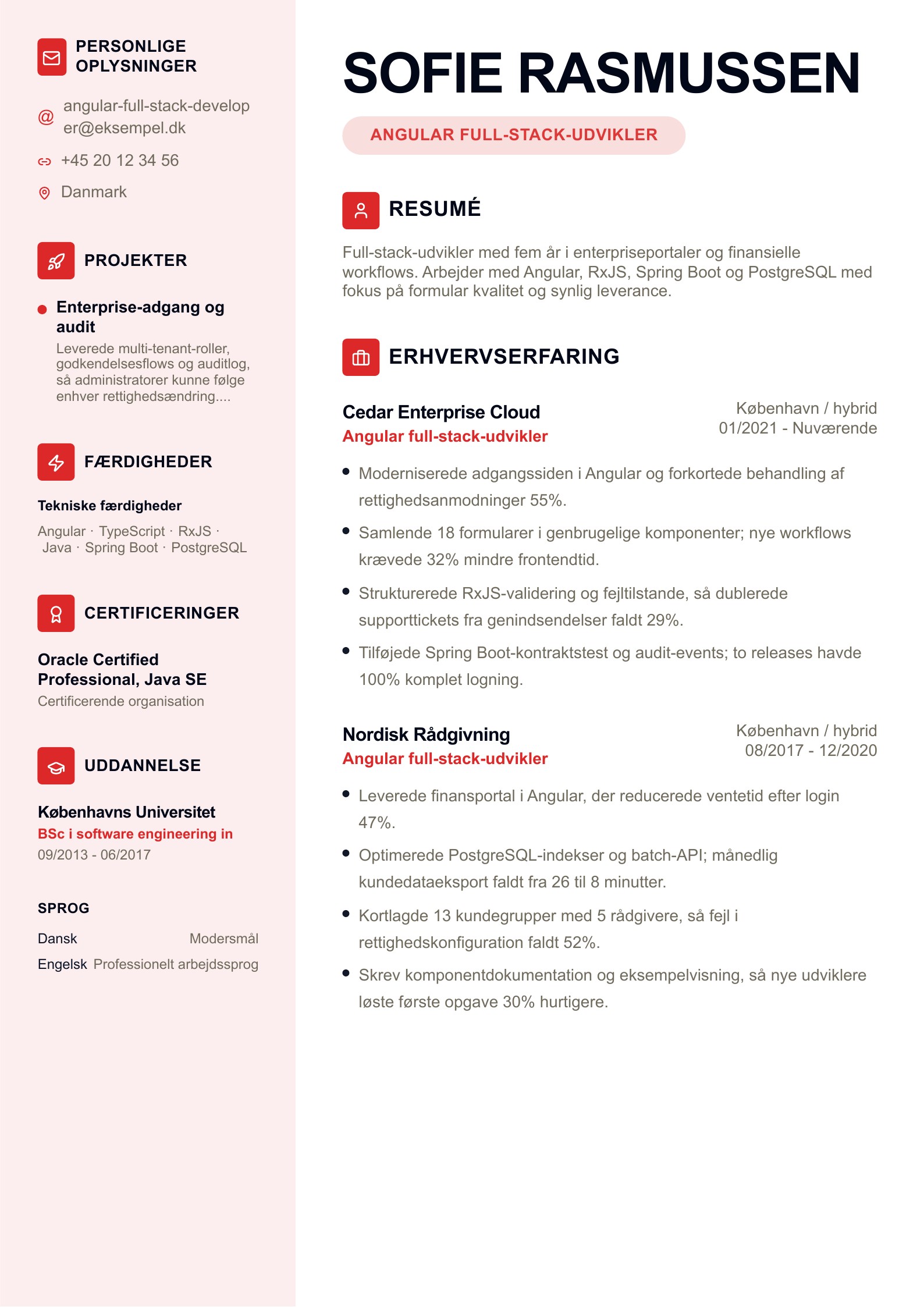 Forhåndsvisning af Full-stack-udvikler CV-eksempler med gratis PDF-download