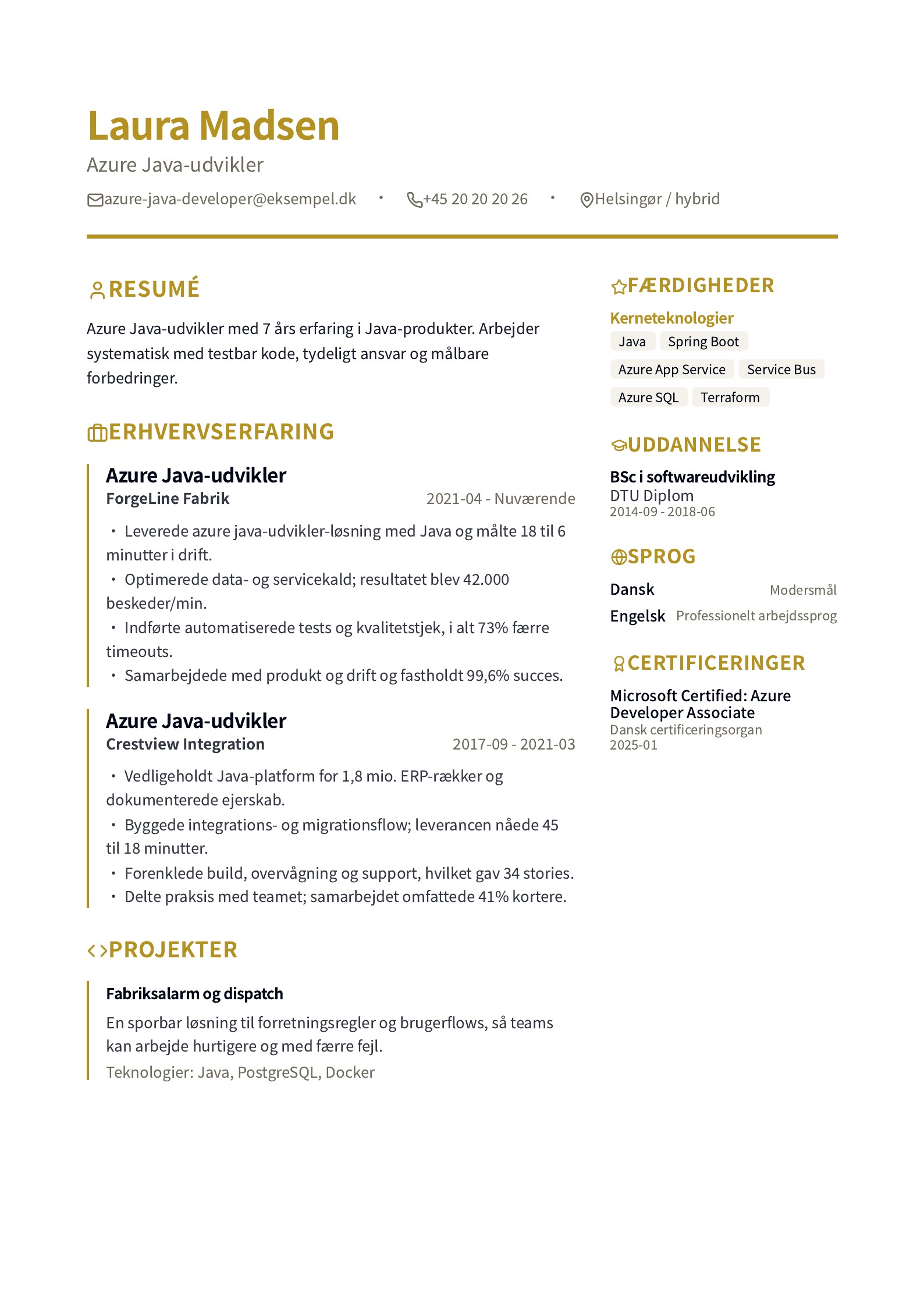 Azure Java-udvikler CV - dansk eksempel