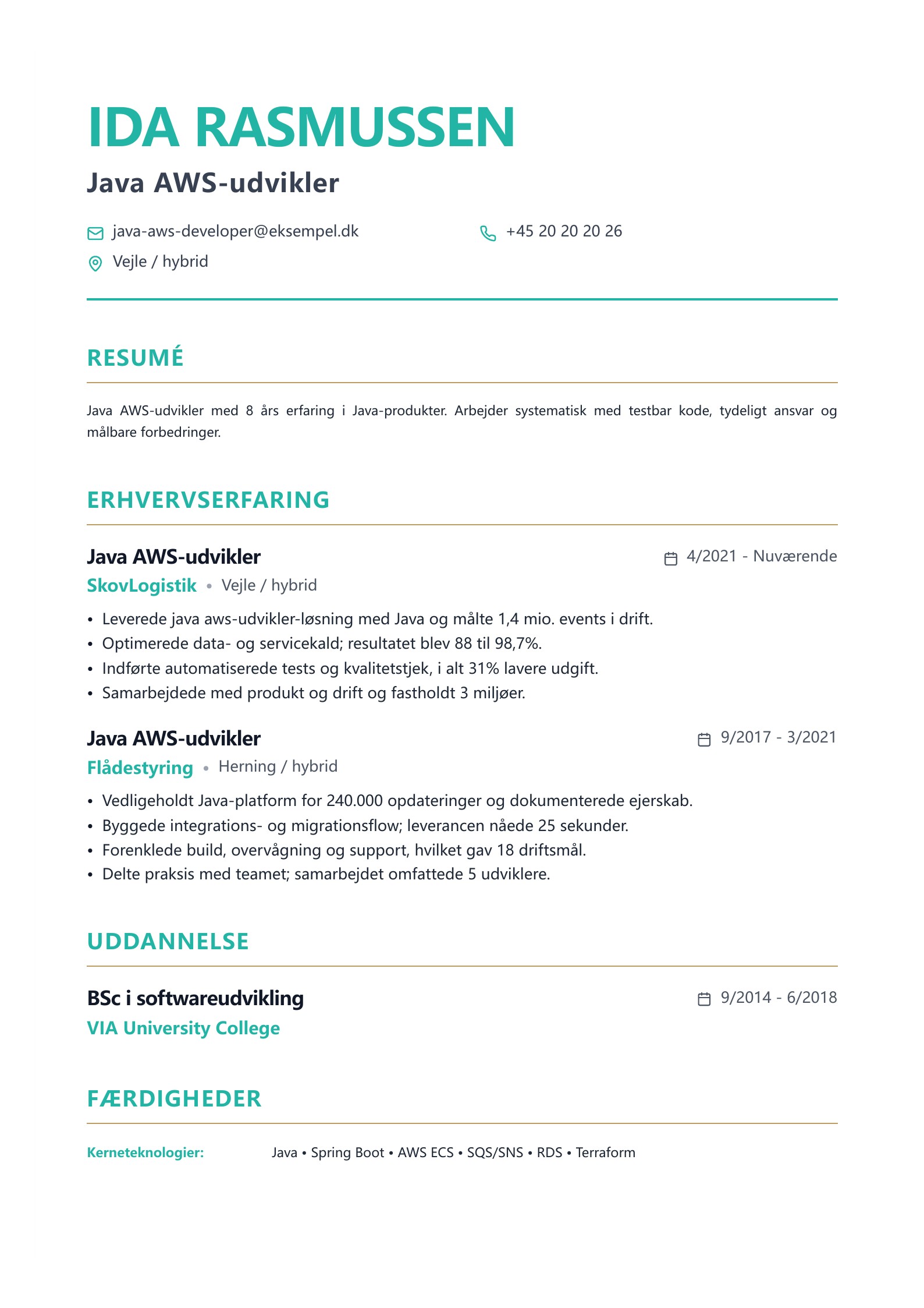 Java AWS-udvikler CV - dansk eksempel