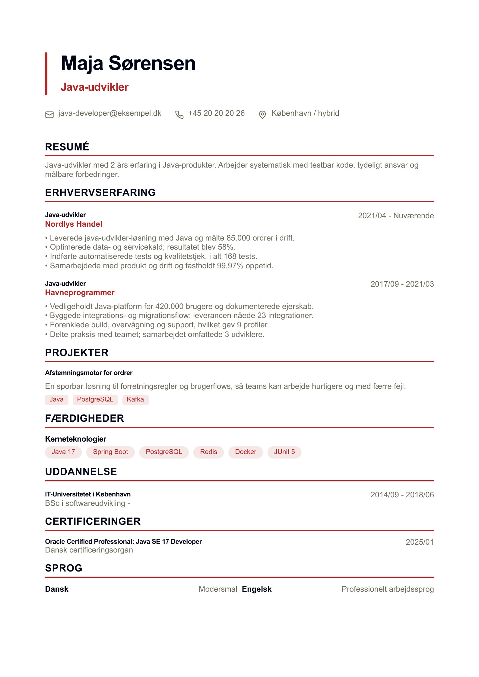 Java-udvikler CV - dansk eksempel