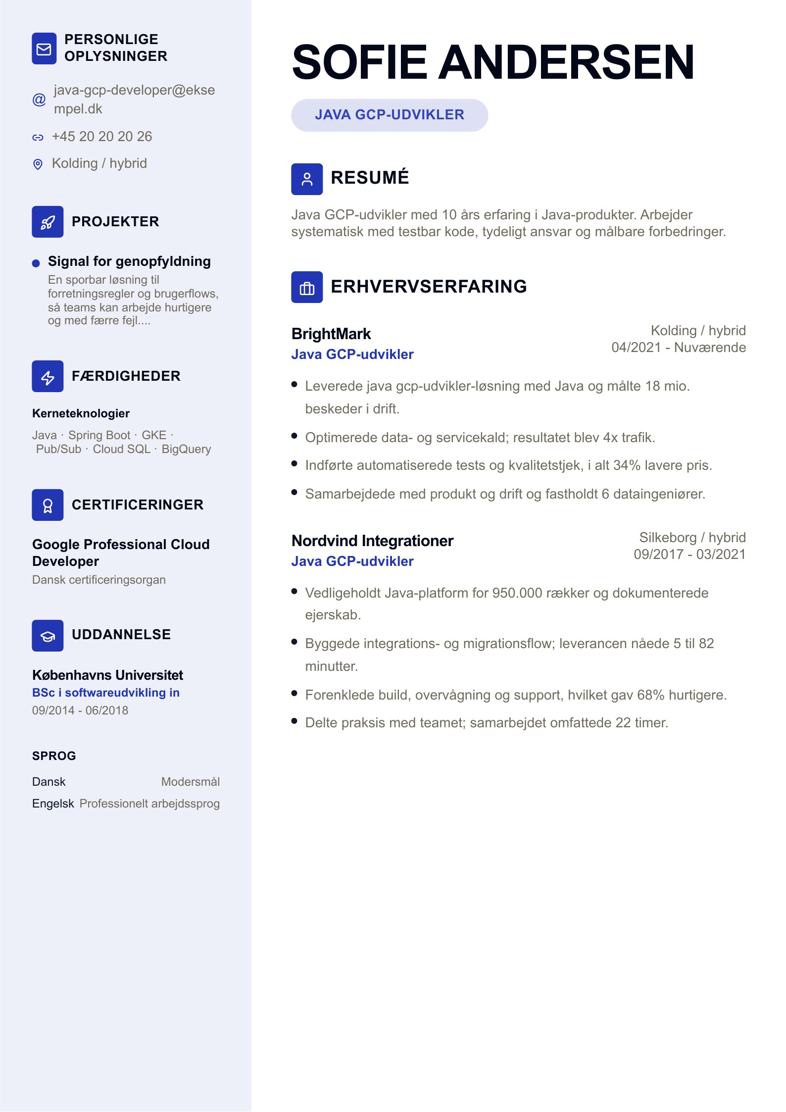 Java GCP-udvikler CV - dansk eksempel