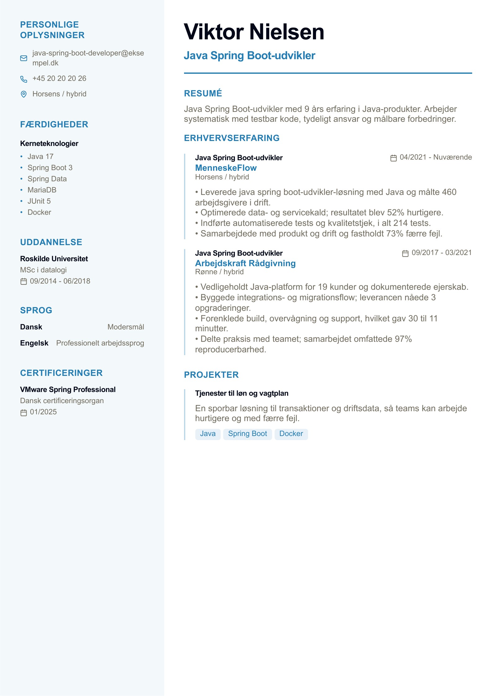 Java Spring Boot-udvikler CV - dansk eksempel