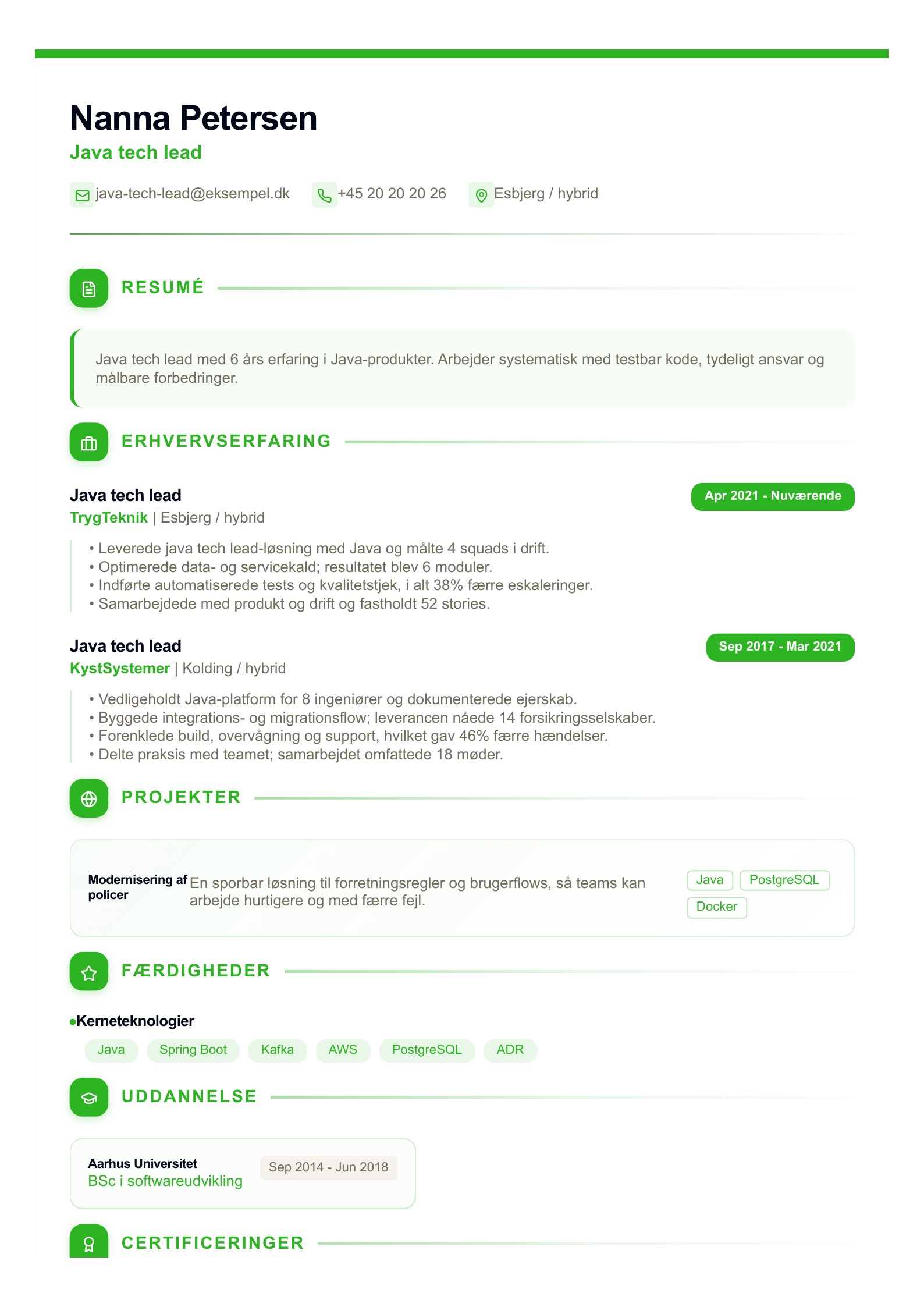 Java tech lead CV - dansk eksempel
