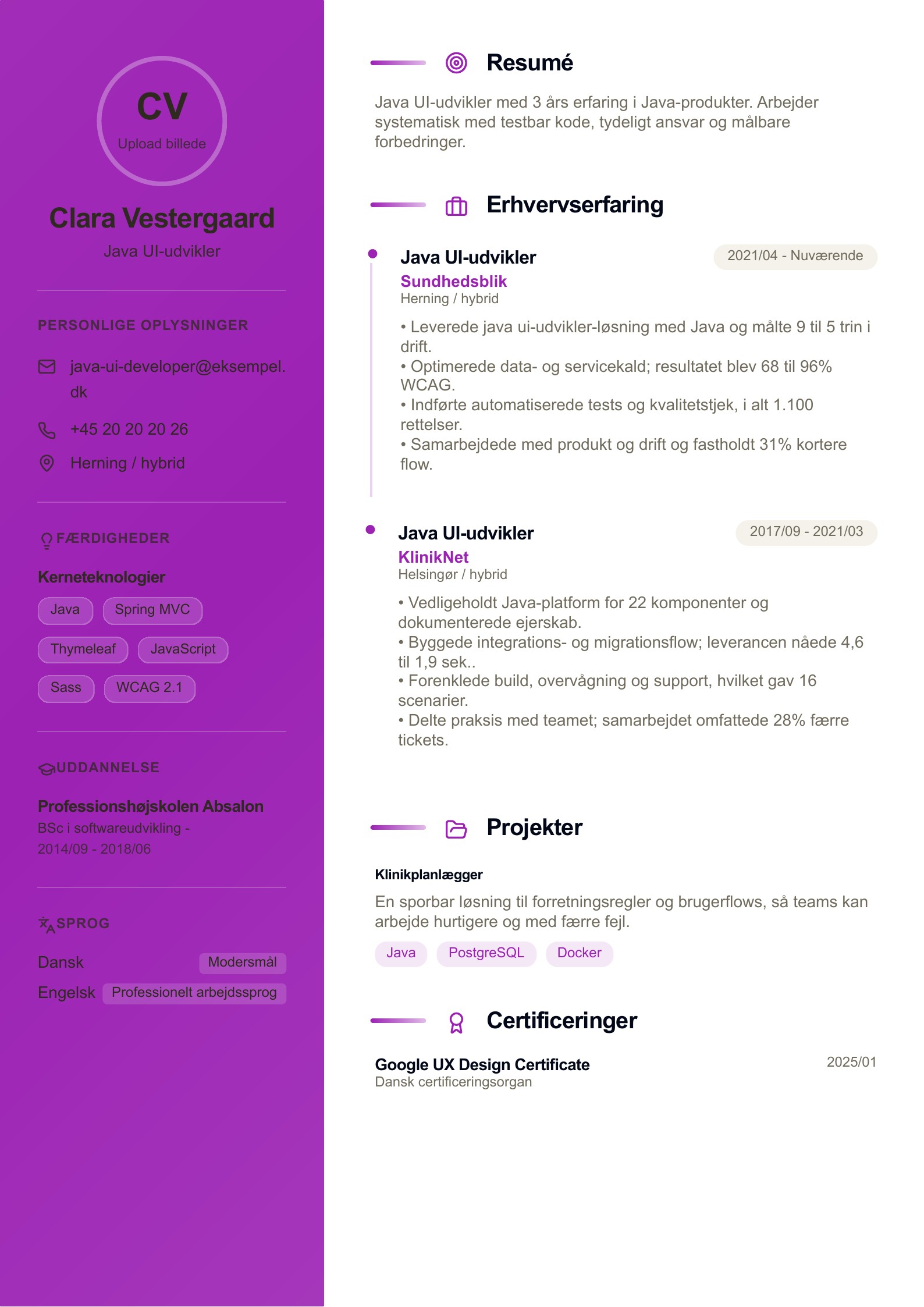 Java UI-udvikler CV - dansk eksempel
