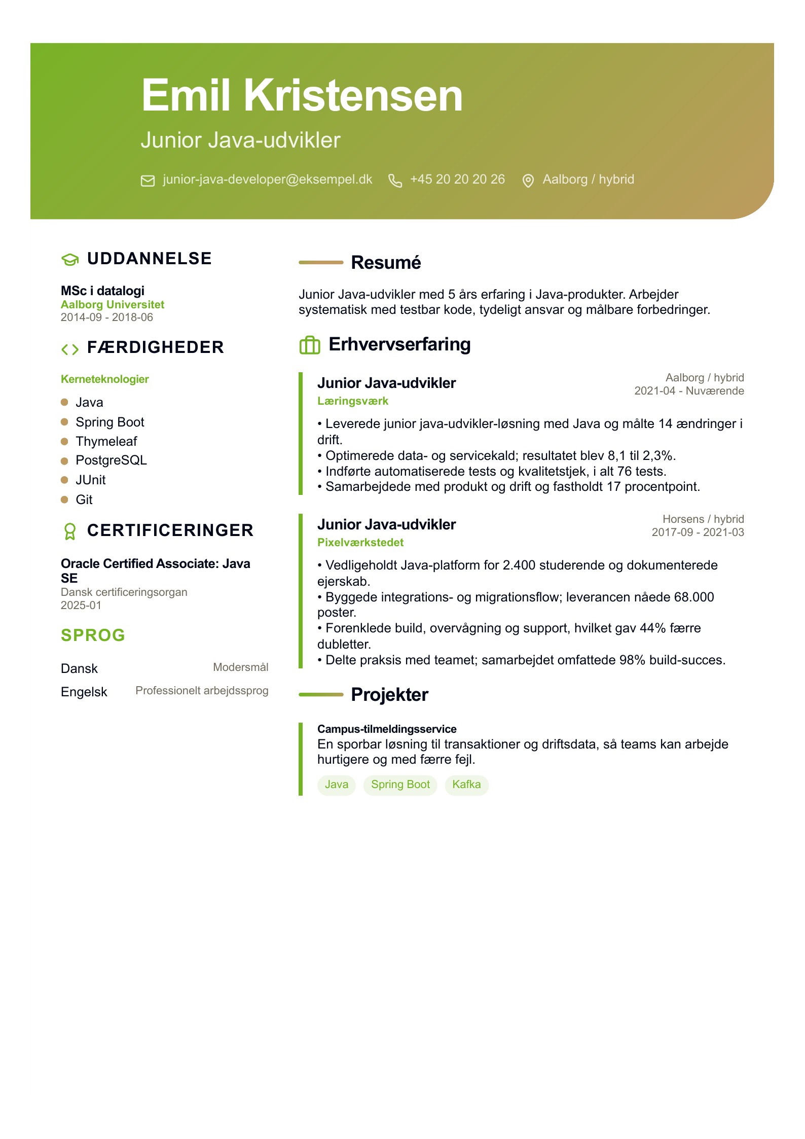 Junior Java-udvikler CV - dansk eksempel