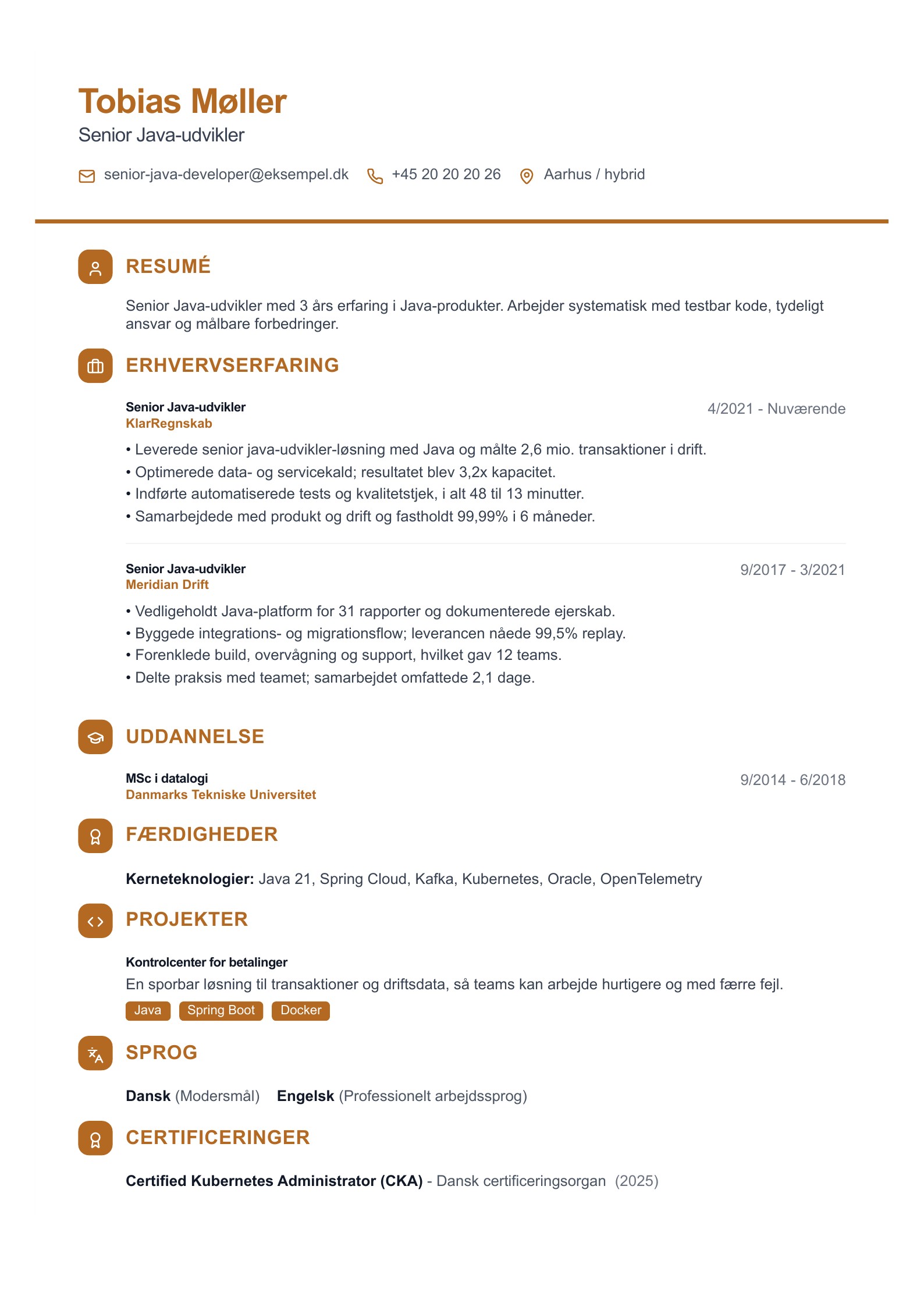 Senior Java-udvikler CV - dansk eksempel