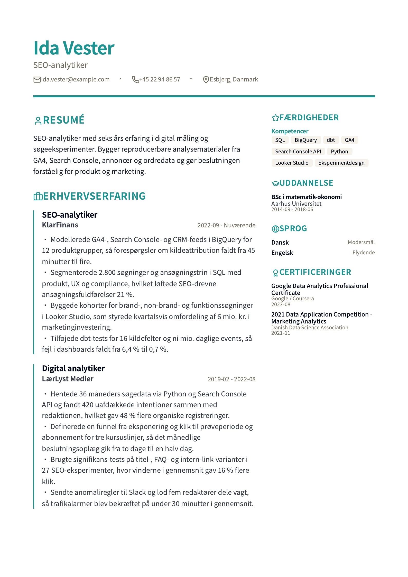 Forhåndsvisning af SEO-CV-eksempler med gratis PDF-skabeloner