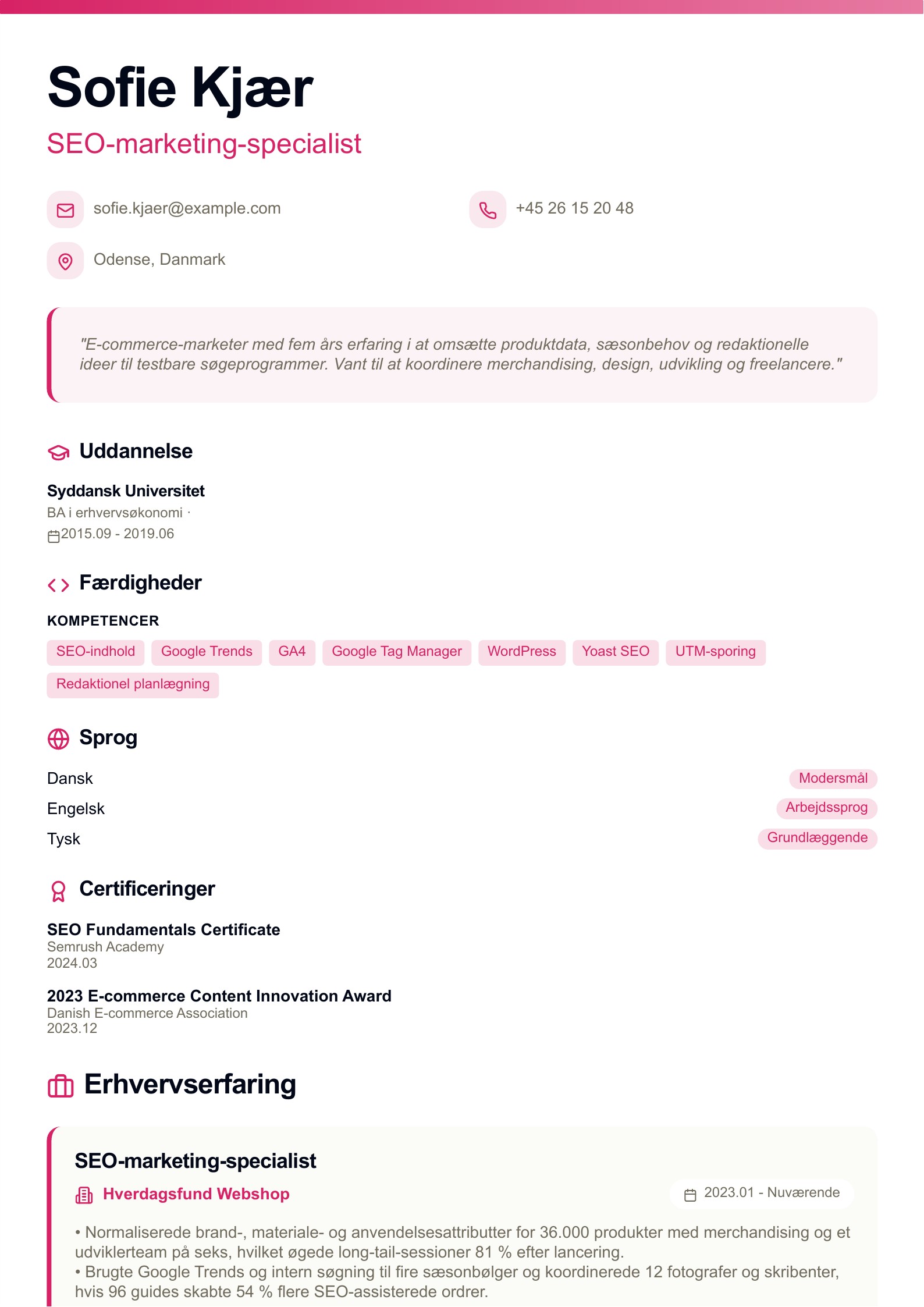 SEO-marketing-specialist CV - dansk eksempel