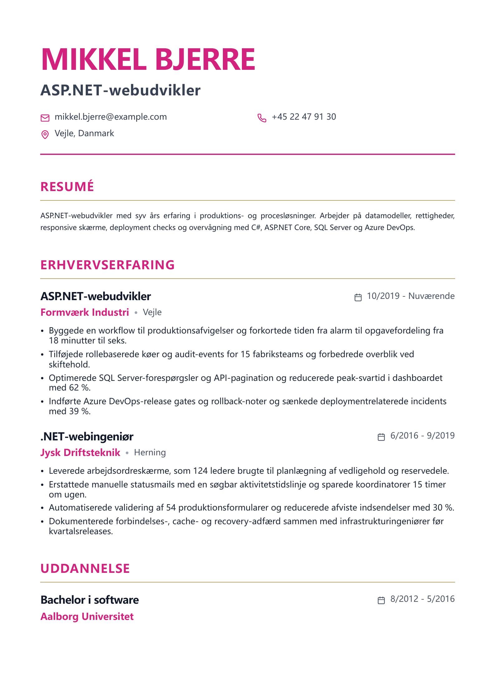Forhåndsvisning af Webudvikler-CV-eksempler med gratis PDF-download