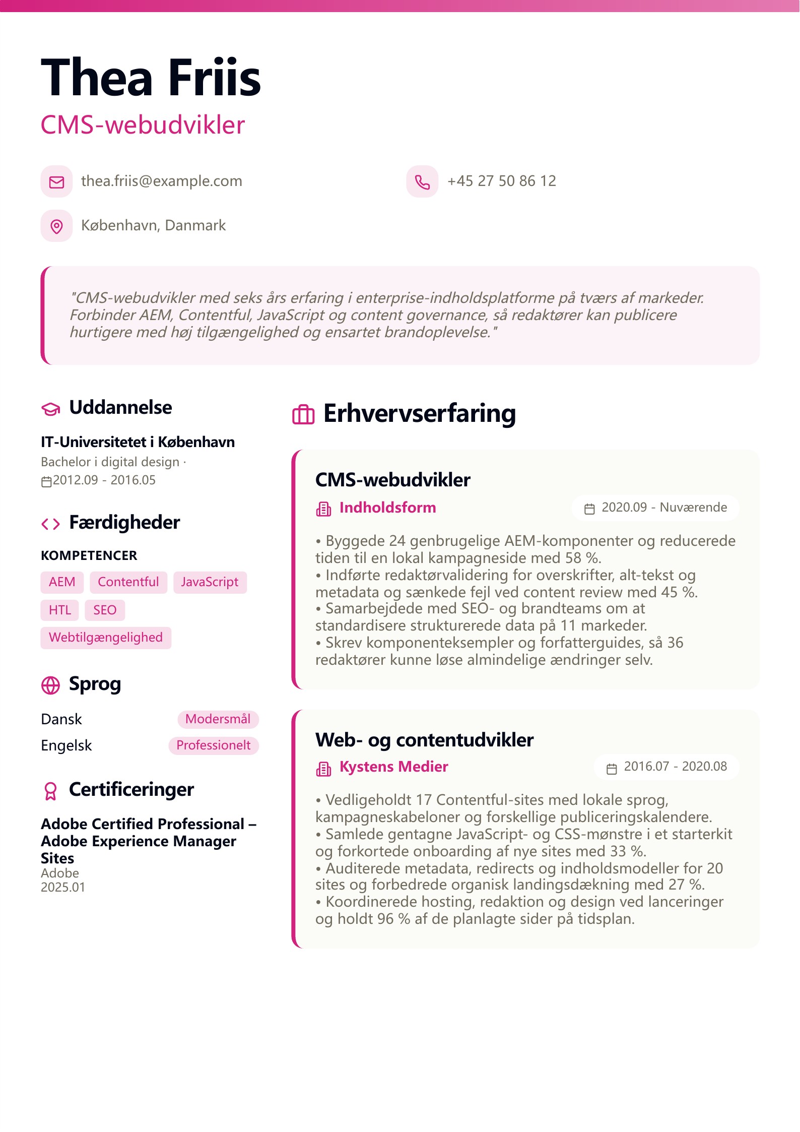 CMS-webudvikler CV – dansk eksempel