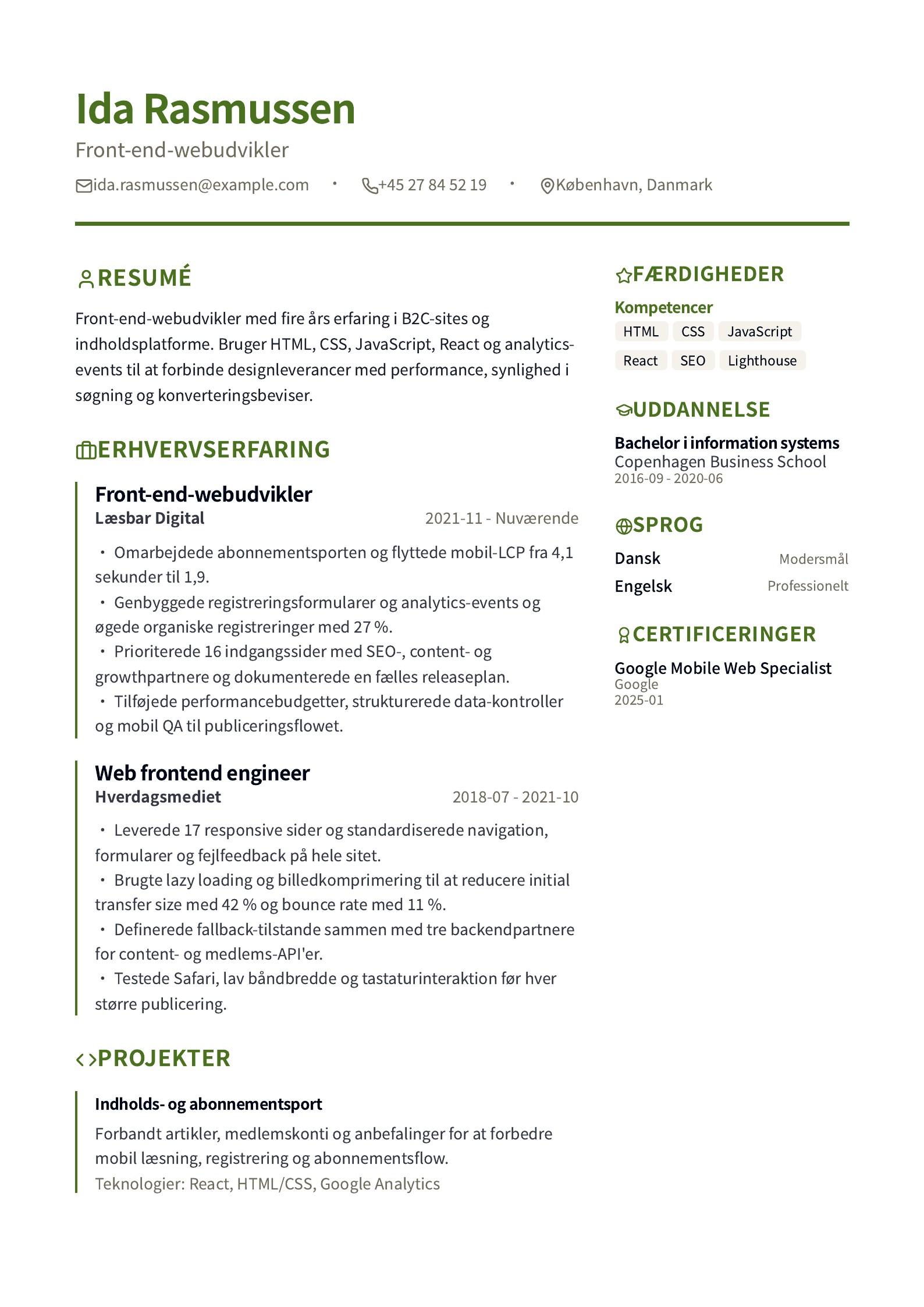 Front-end-webudvikler CV – dansk eksempel