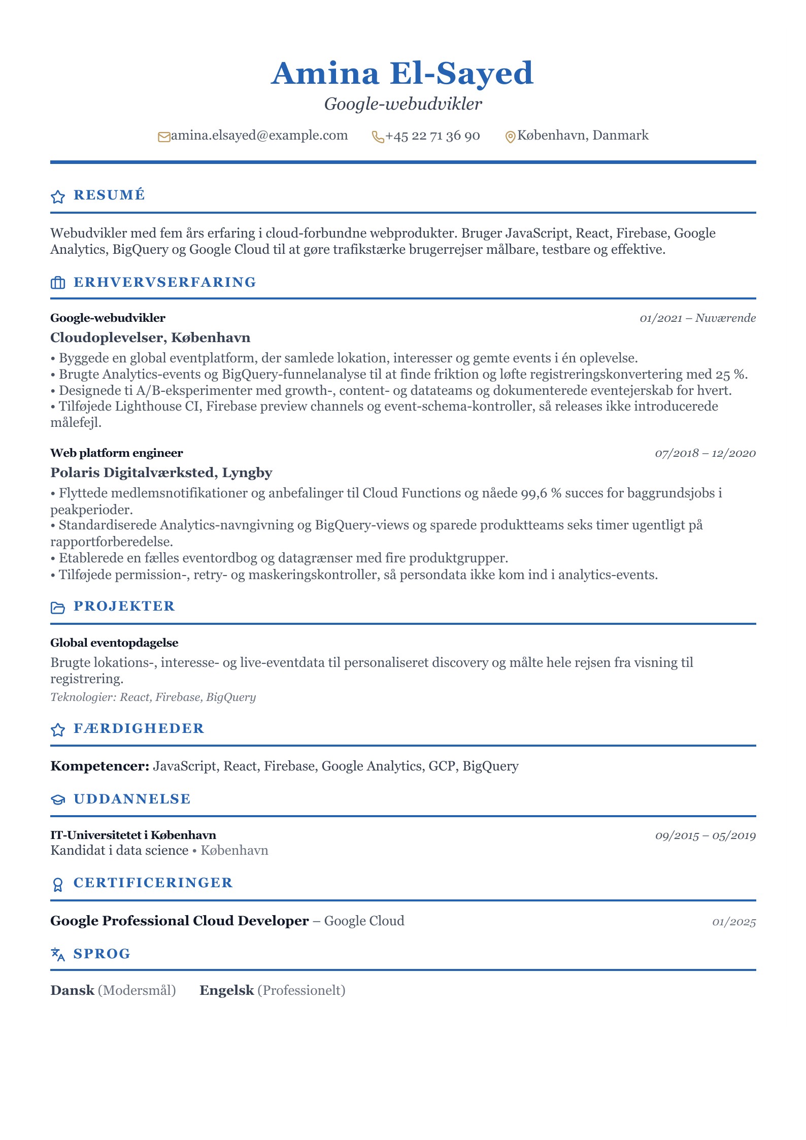 Google-webudvikler CV – dansk eksempel