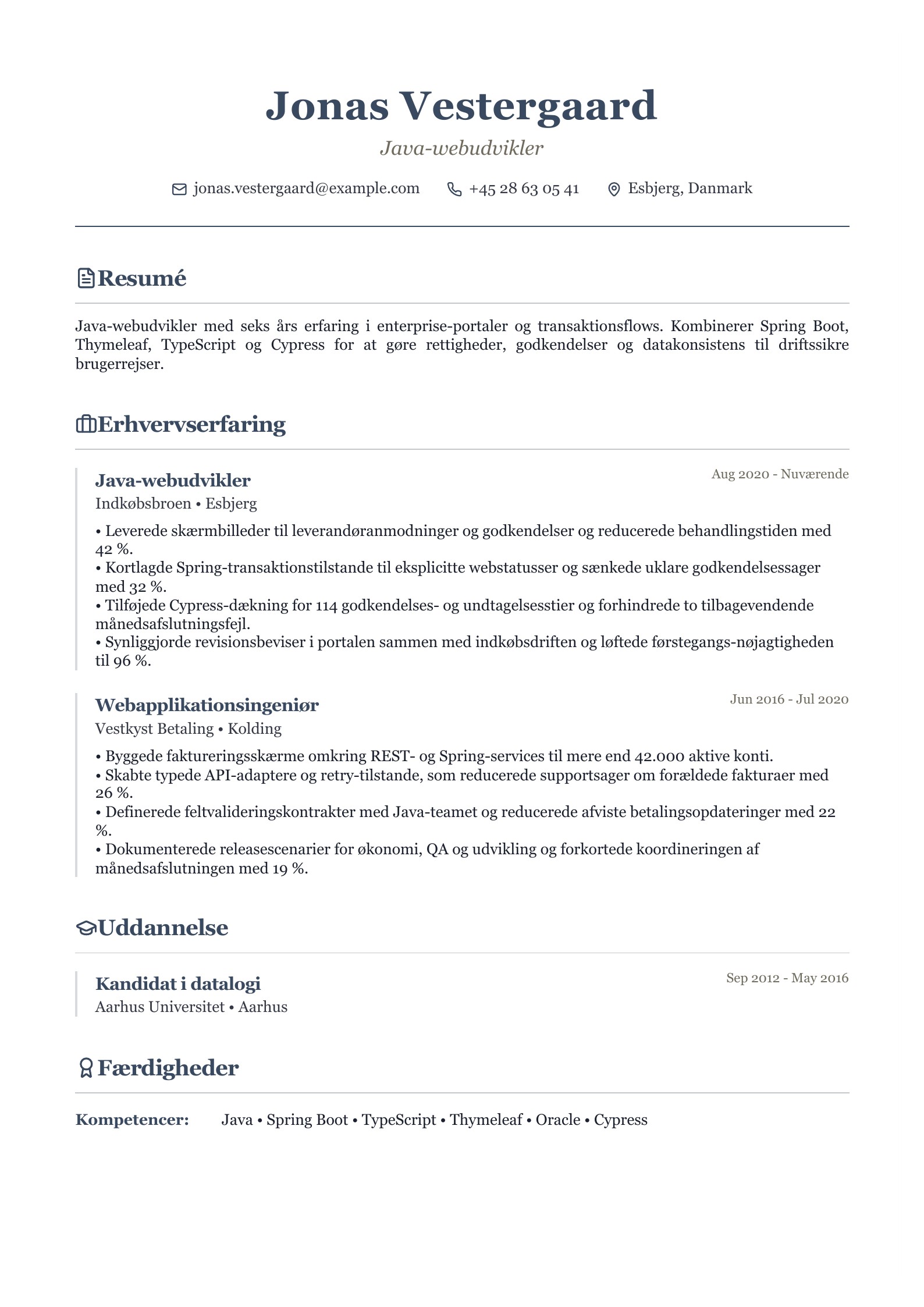 Java-webudvikler CV – dansk eksempel