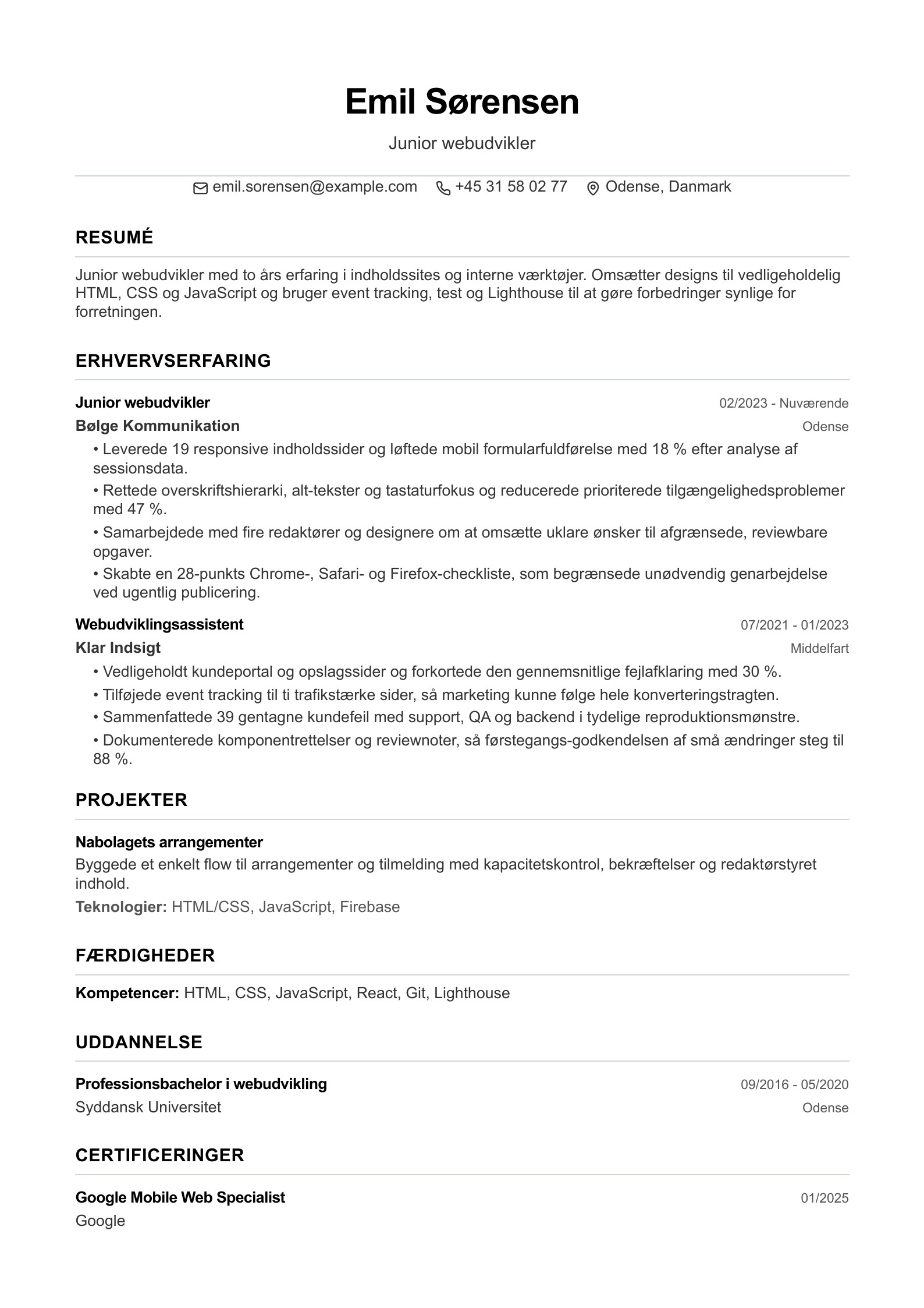 Junior webudvikler CV – dansk eksempel