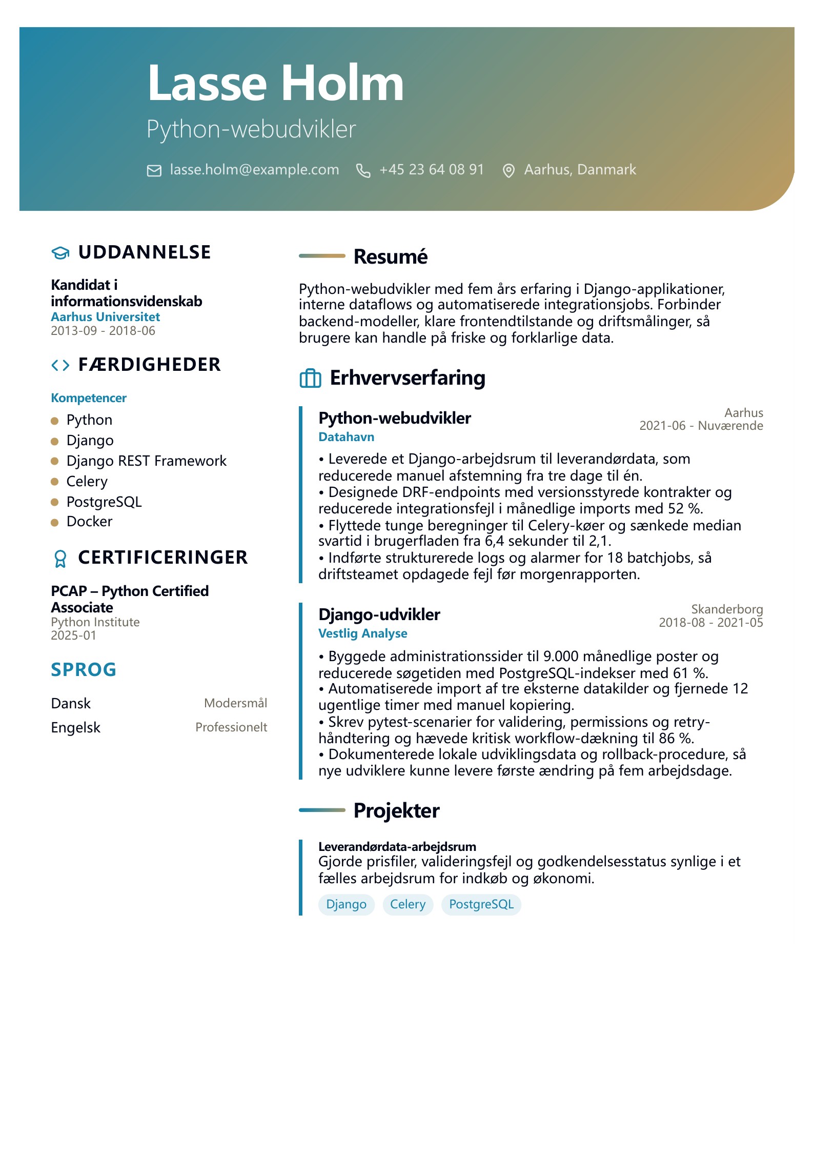 Python-webudvikler CV – dansk eksempel