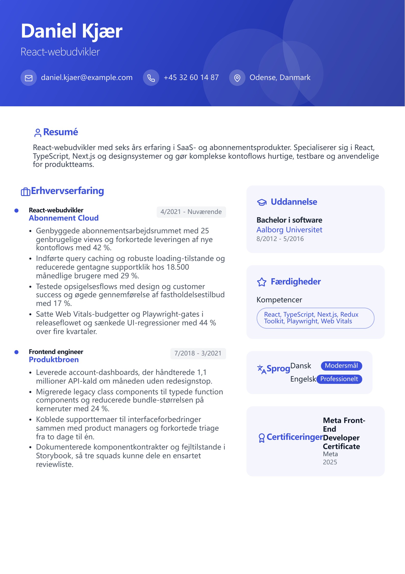 React-webudvikler CV – dansk eksempel
