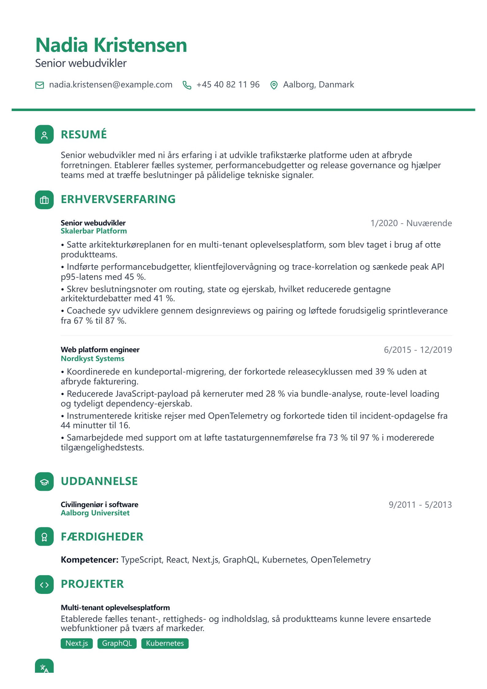 Senior webudvikler CV – dansk eksempel