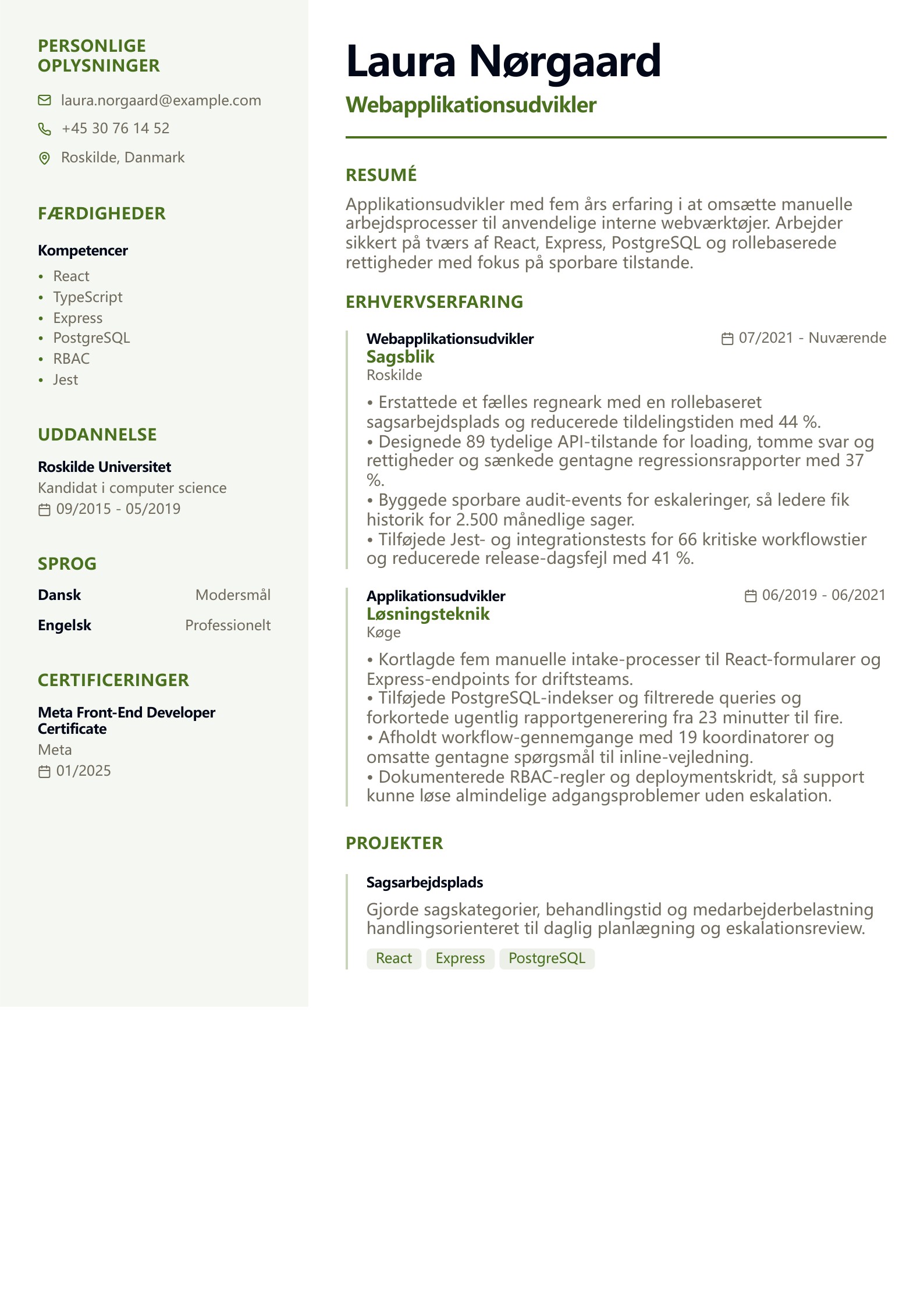 Webapplikationsudvikler CV – dansk eksempel