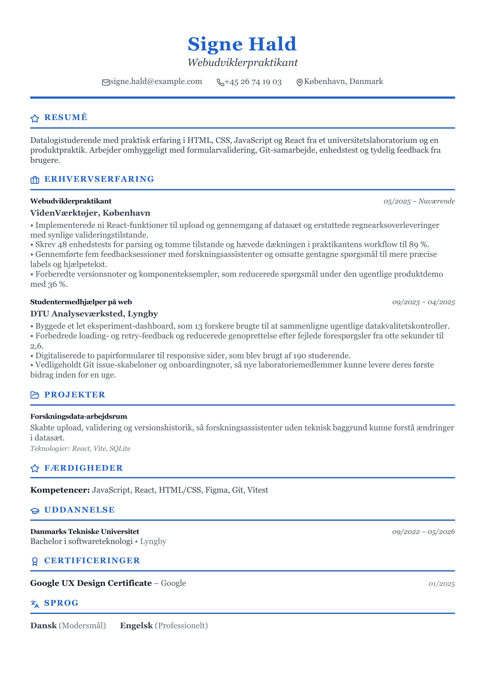 Webudviklerpraktikant CV – dansk eksempel