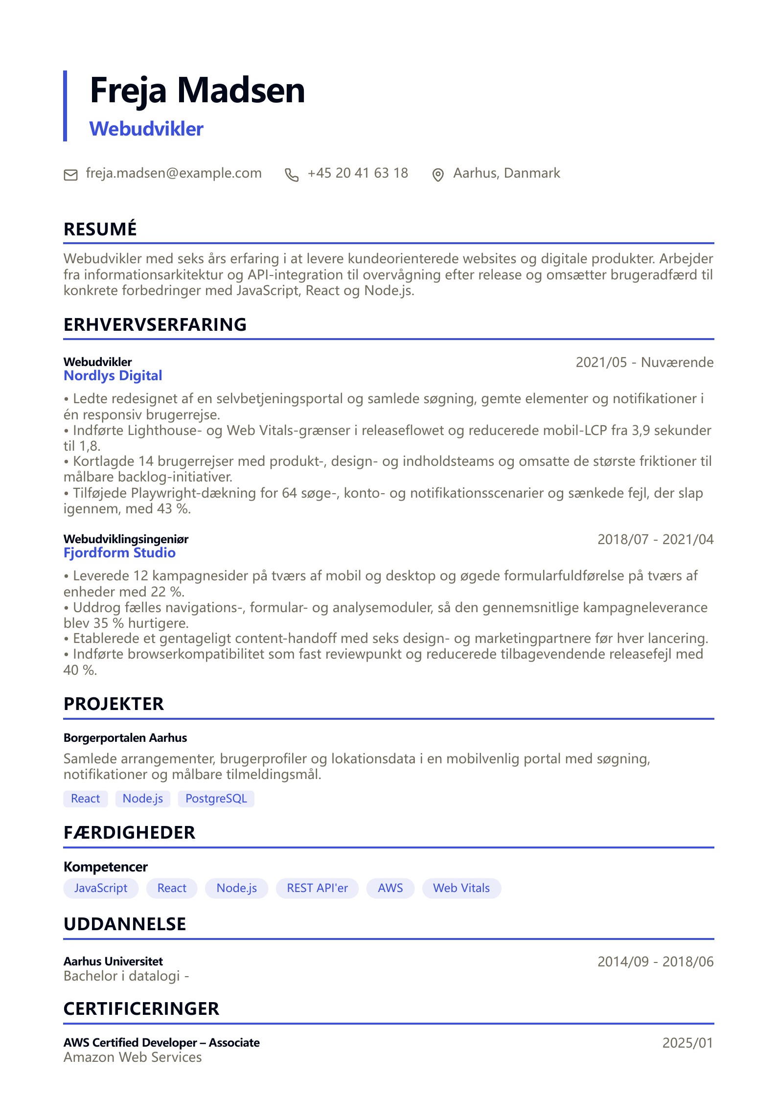 Webudvikler CV – dansk eksempel