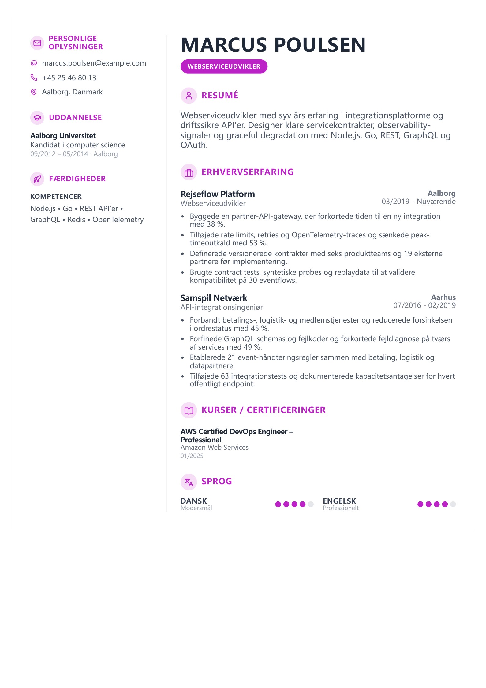 Webserviceudvikler CV – dansk eksempel