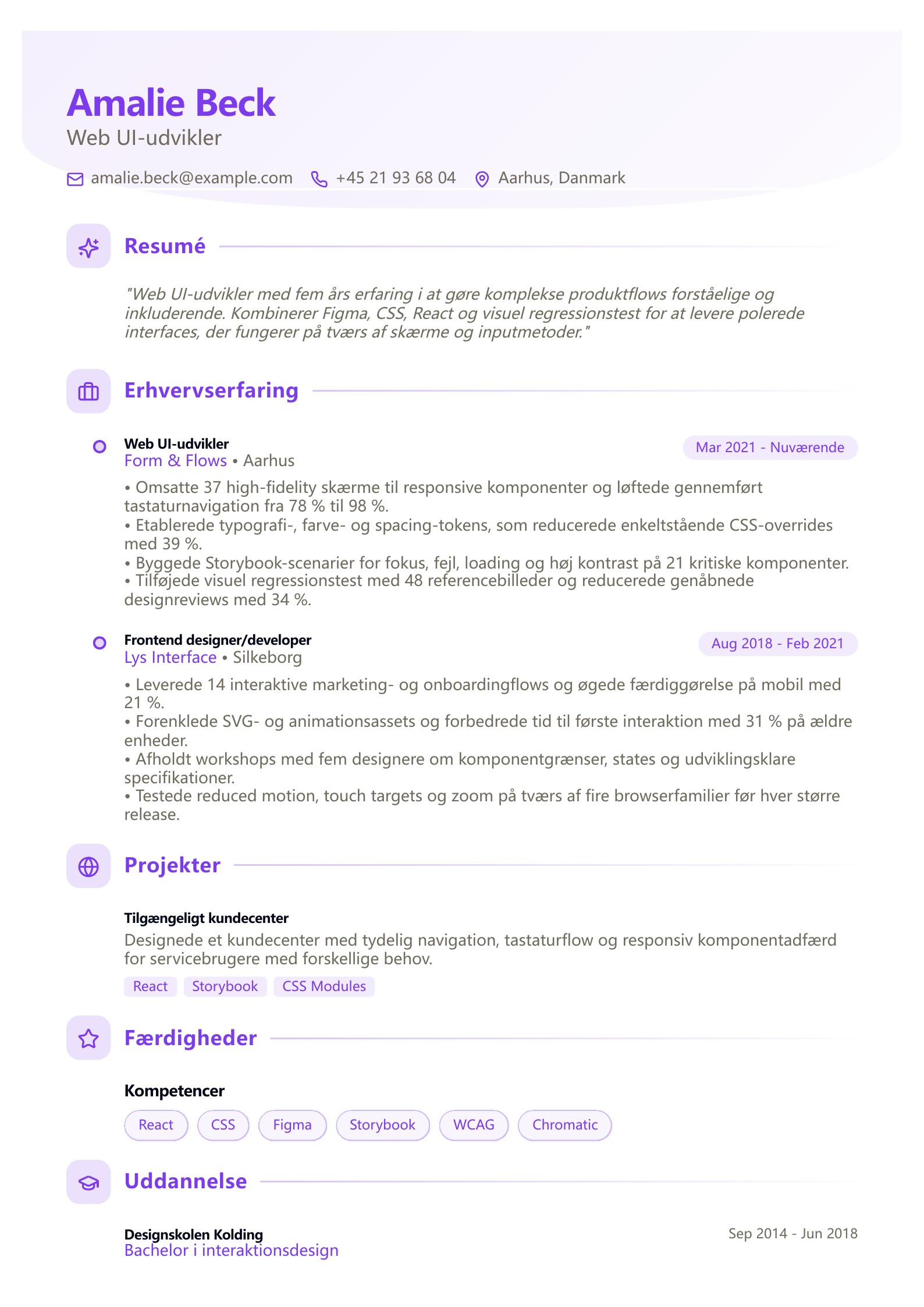 Web UI-udvikler CV – dansk eksempel