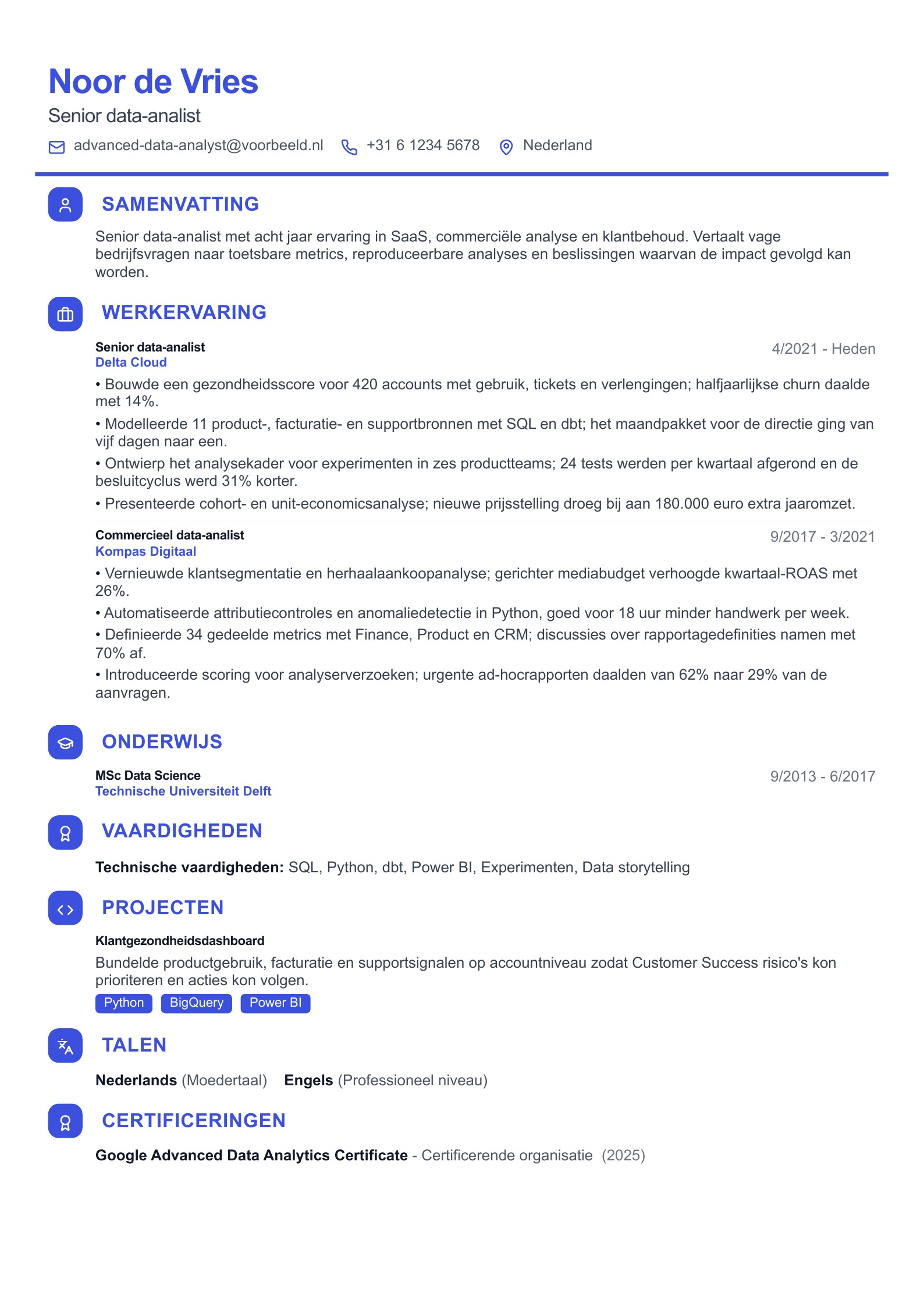 Voorbeeld van Nederlandse cv-voorbeelden voor data-analisten met PDF-download en gids