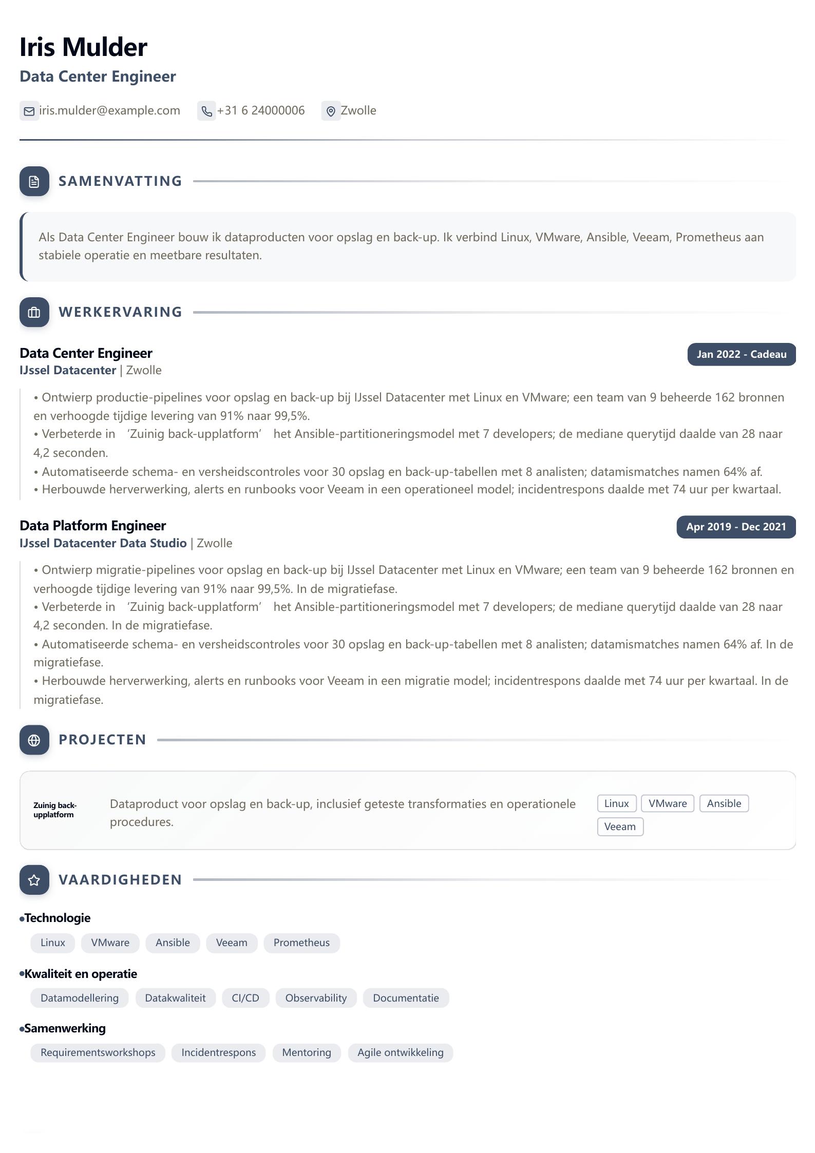 Data Center Engineer cv-voorbeeld Voorbeeld