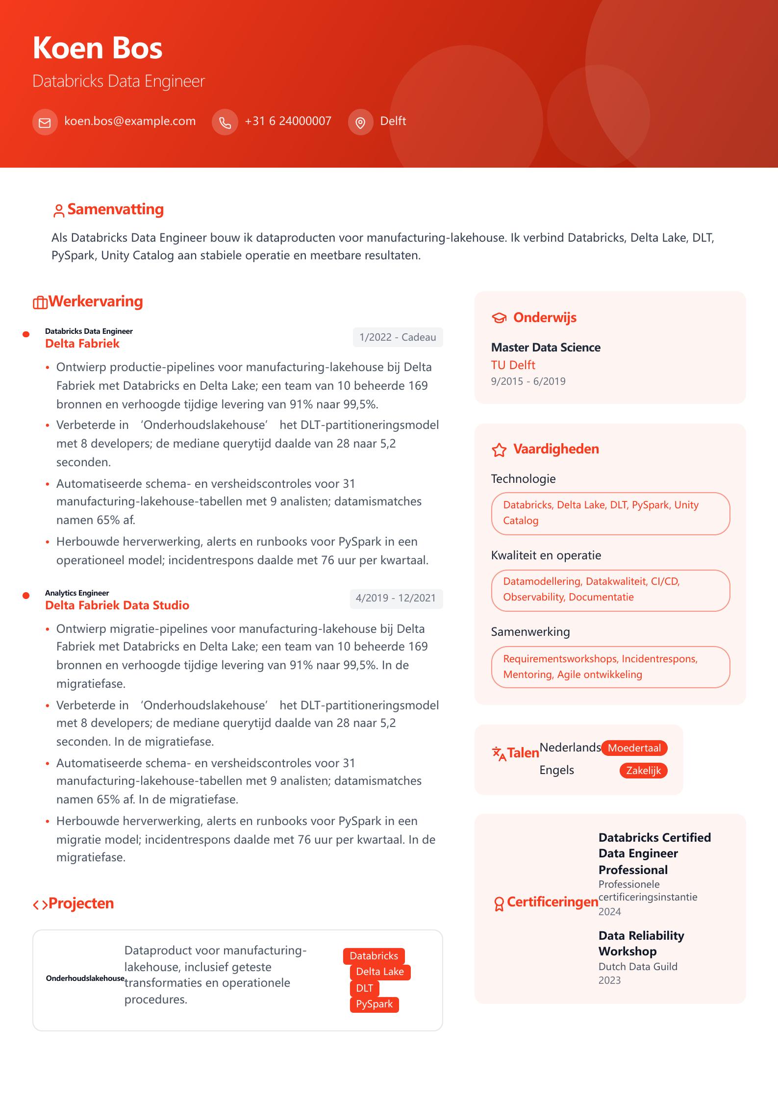 Databricks Data Engineer cv-voorbeeld Voorbeeld