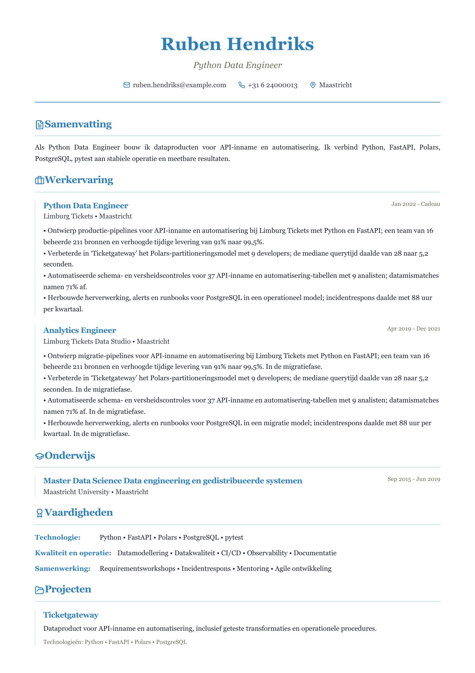Python Data Engineer cv-voorbeeld Voorbeeld