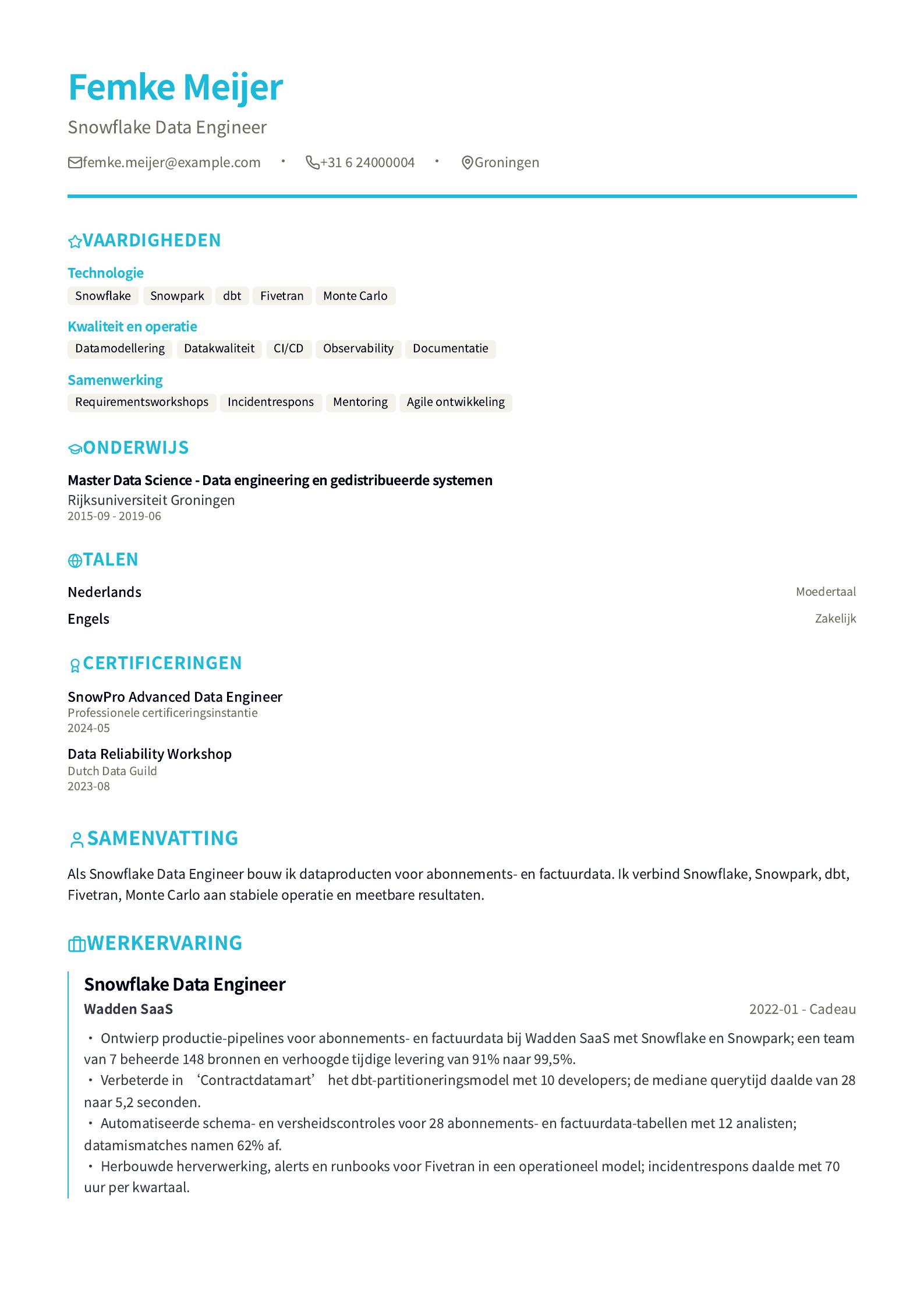 Snowflake Data Engineer cv-voorbeeld Voorbeeld